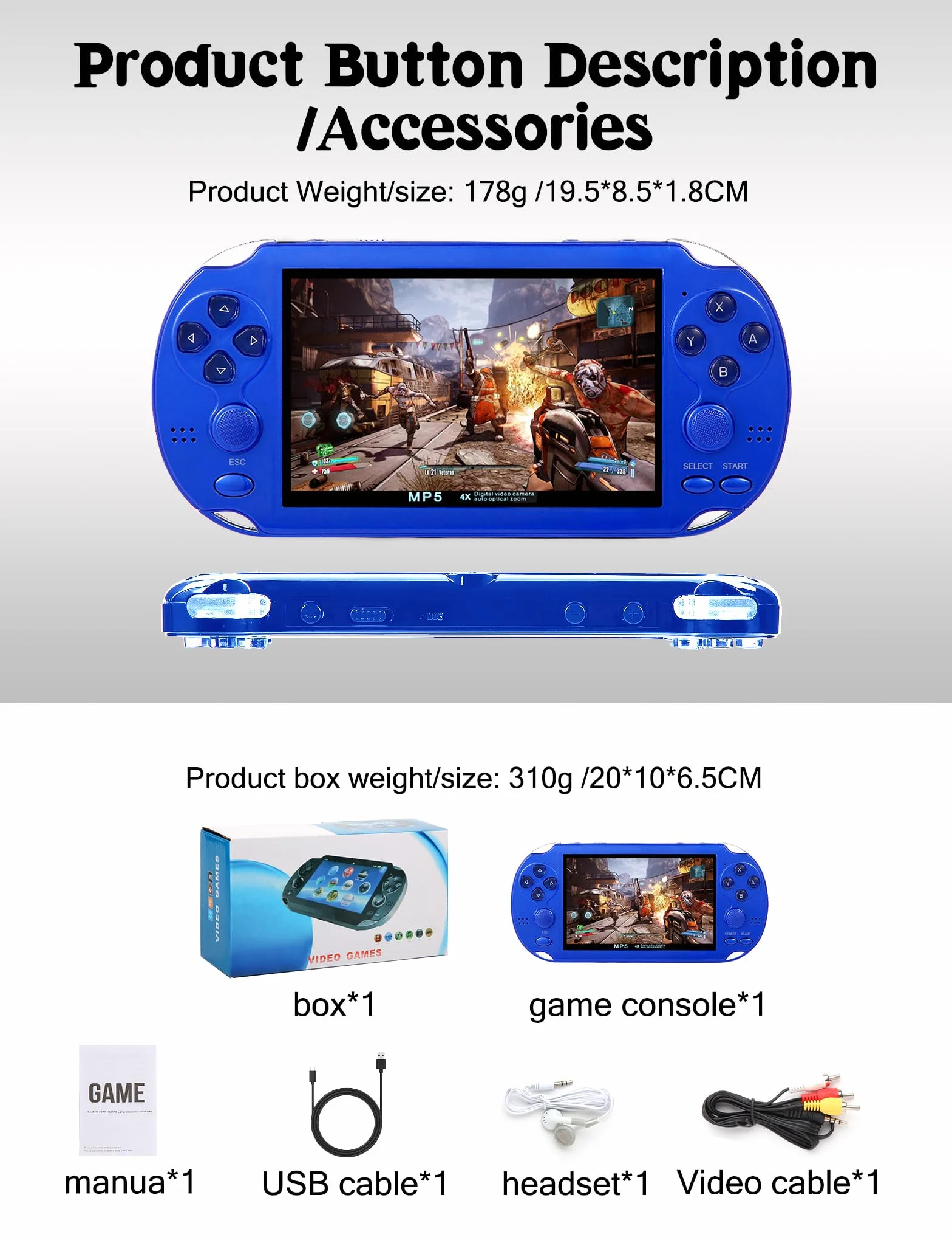 Console de Jeux vidéo 4,3 Po 8 Go 2100 Jeux gratuits Portable Vidéo/Musique Ebook Sortie TV