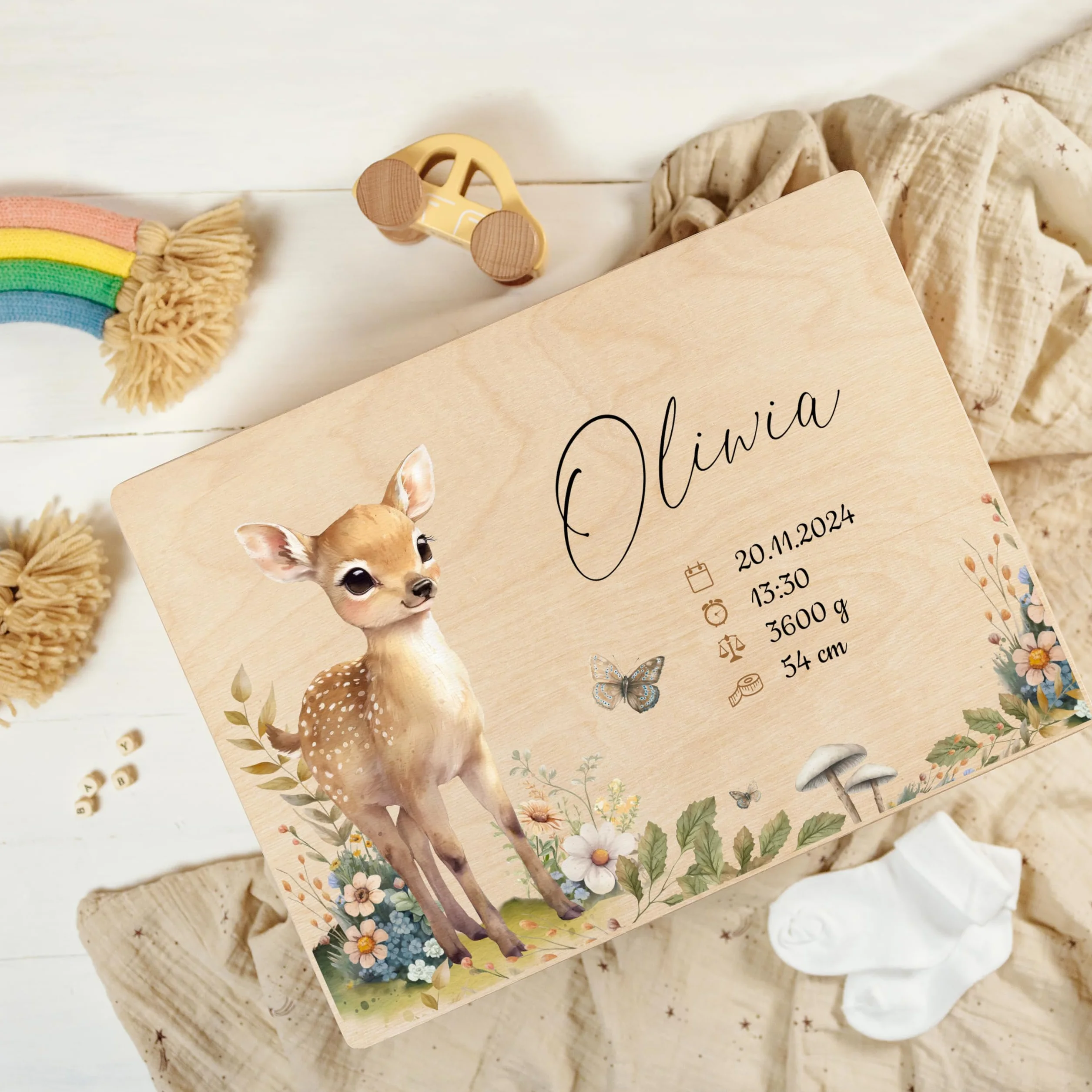 Creative Deco Boîte à Souvenirs Bébé Personnalisé Animaux de la Forêt 40 x 30 x 14 cm Cadeau Naissance Fille Garçon Bois