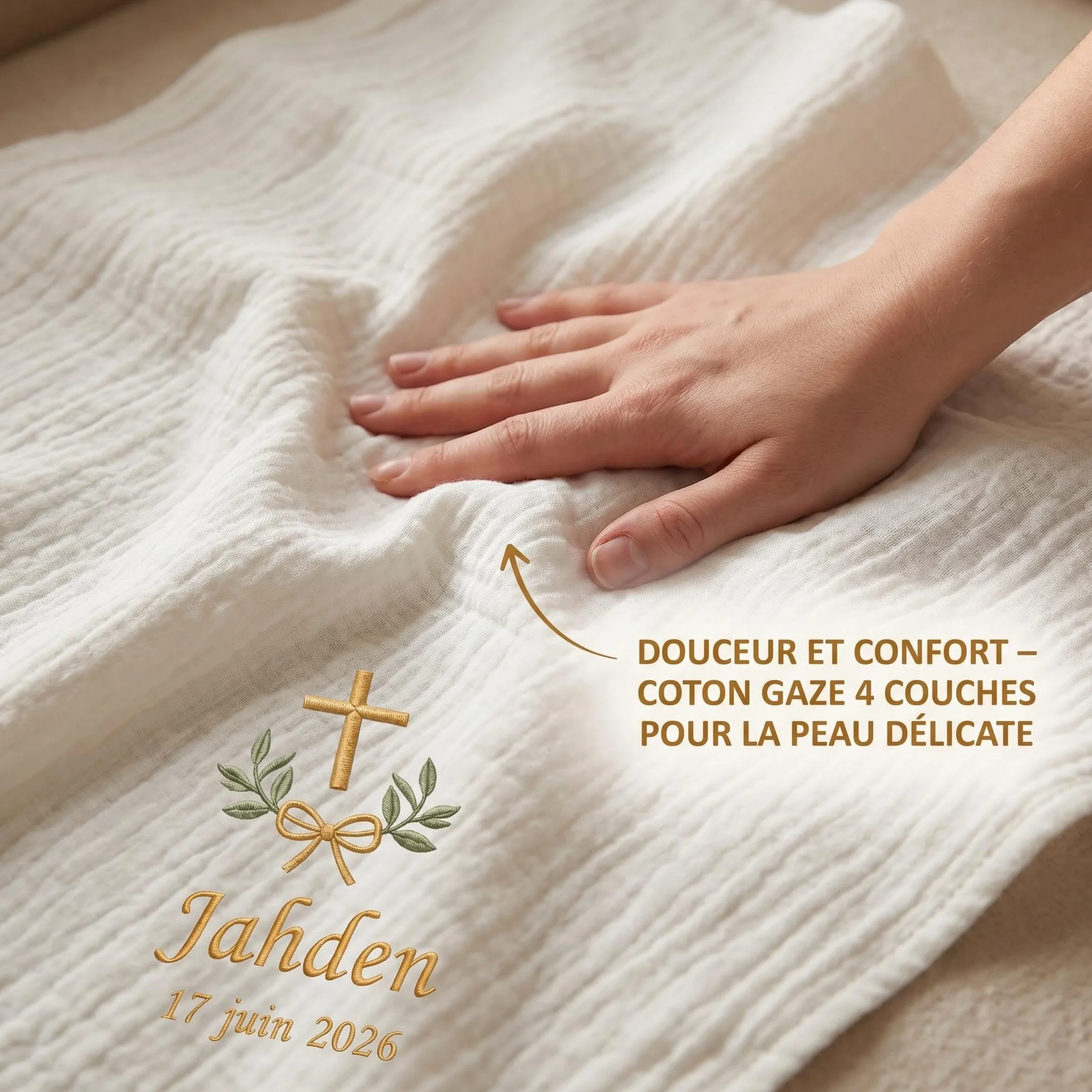 Couverture de Baptême Bébé Personnalisée en Coton Gaze Doux, Broderie Élégante, Style Français – Coffret Cadeau