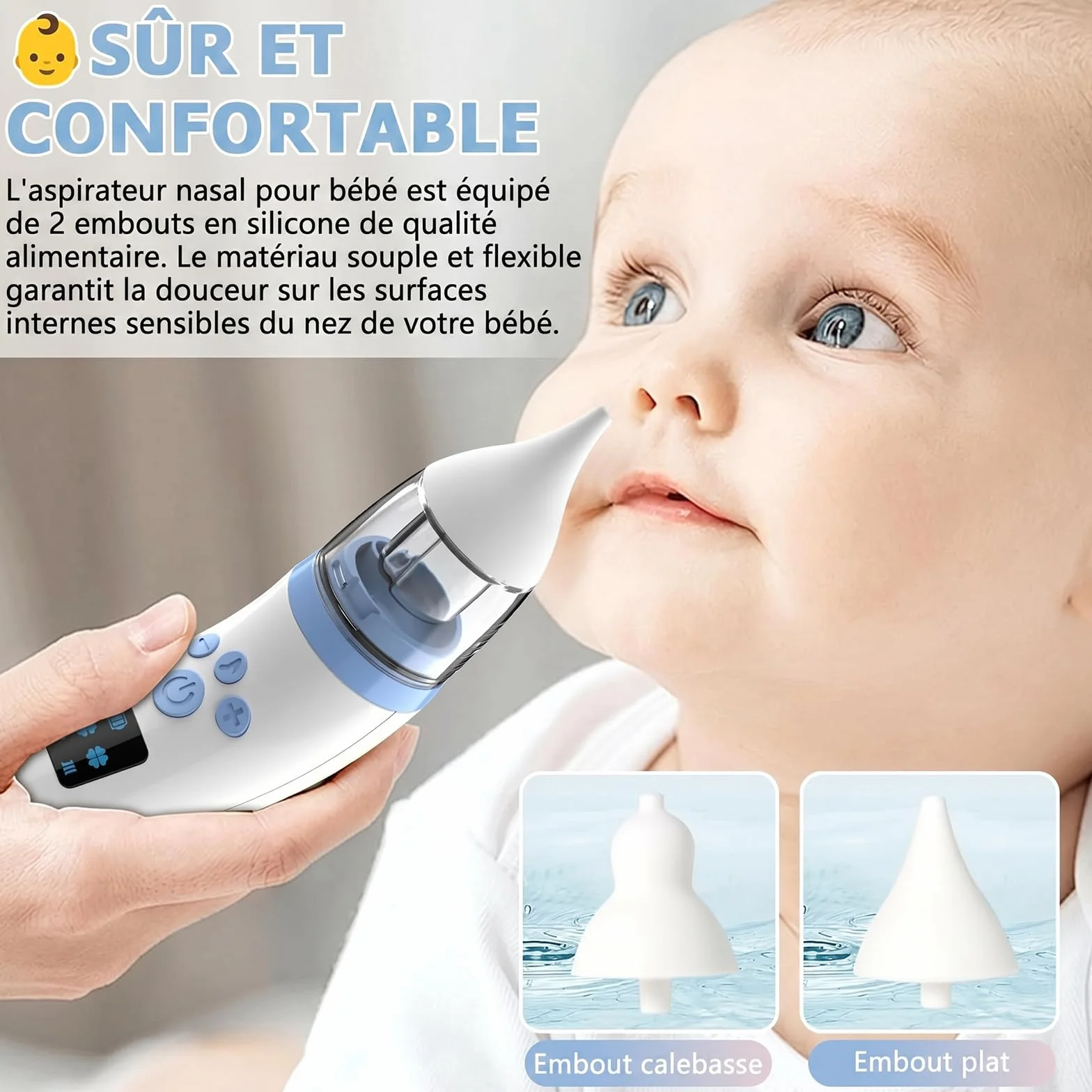 Aspirateur Nasal Électrique Bébé Rechargeable 3 Niveaux d'Aspiration 2 Embouts Musique Lumière Douce