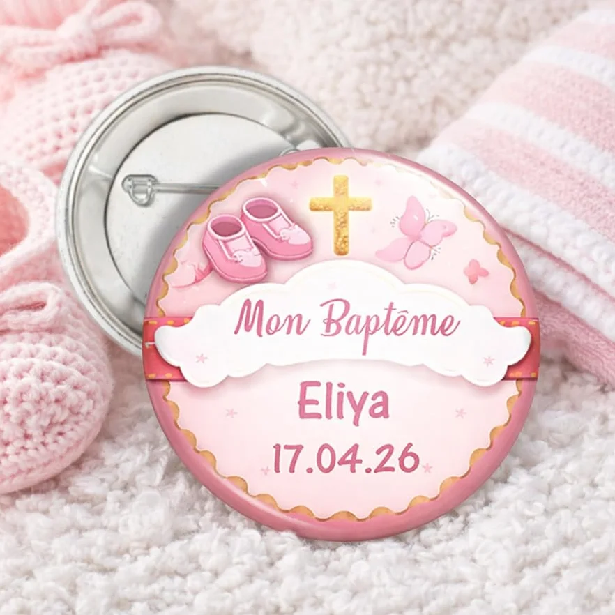 Badge Baptême Personnalisé Prénom Date Cadeau Invités Magnet Porte-clé Modèles Fille Garçon Rose