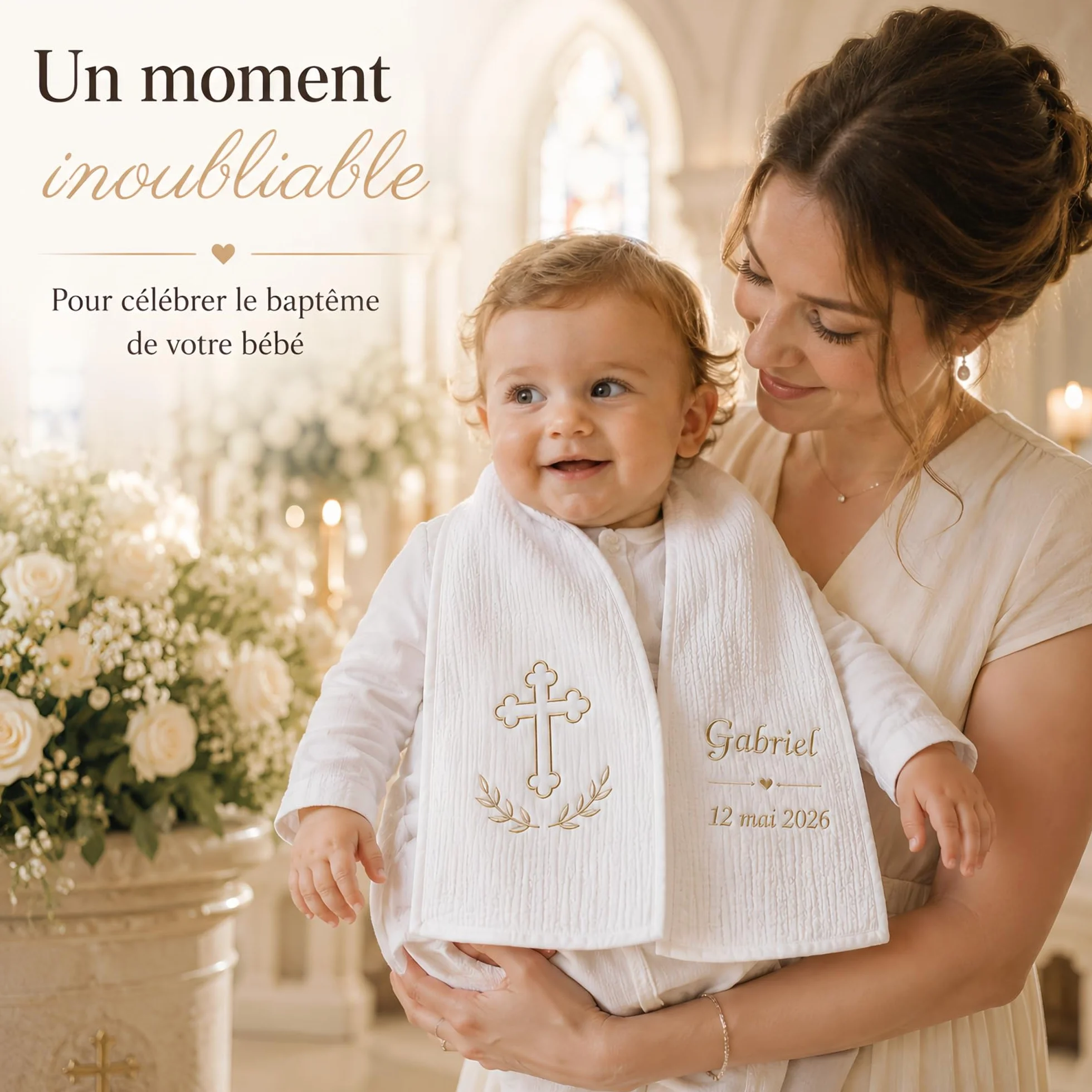 Écharpe de Baptême Personnalisée Bébé Double Gaze de Coton Brodée Prénom Date Blanche Douce Légère Cadeau Coffret