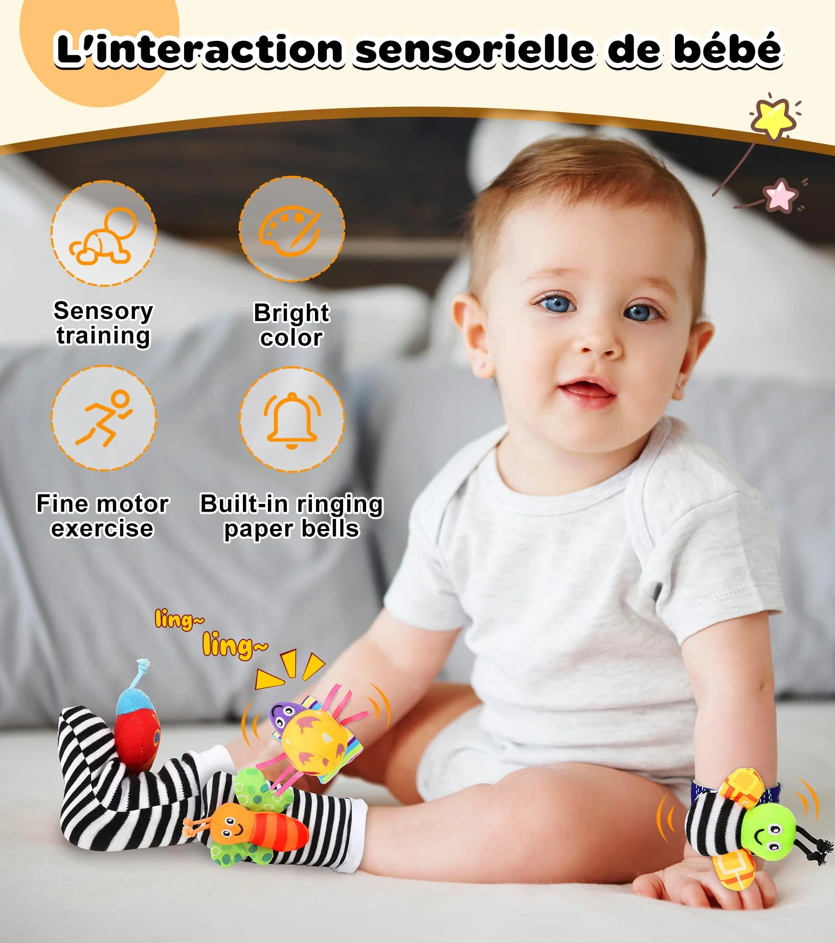 Livre Tissu Bébé Noir et Blanc 31 PCS 0-12 Mois Jouet Hochet Montessori Haute Contraste