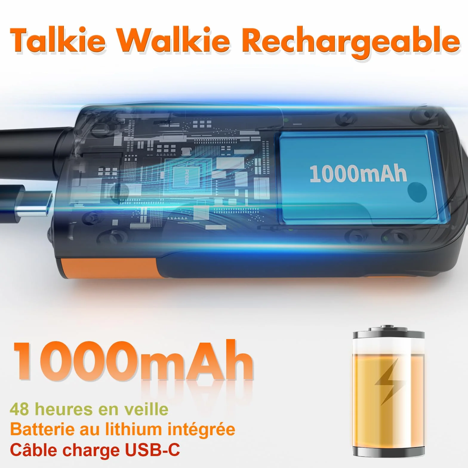 Talkie Walkie Enfants Adultes Rechargeable 3 Pièces, Longue Portée Lampe Torche 8 Canaux, USB Type C pour Camping Randonnée Vélo