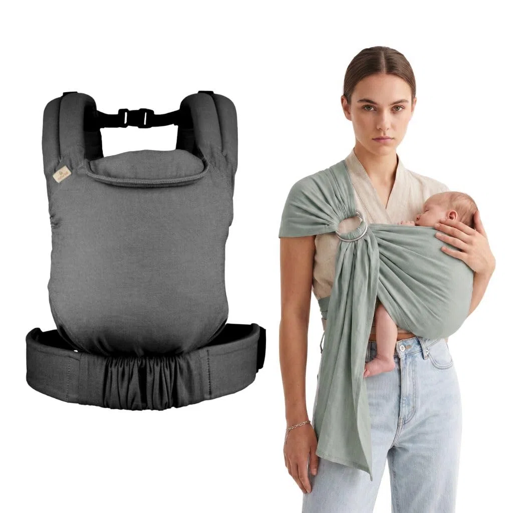 Pack Portage Évolutif : Porte-Bébé Guizy Gris Marin avec Ceinture Tékizy & Écharpe Simply Sling Vert Amande - Kit Nomade Complet en Coton