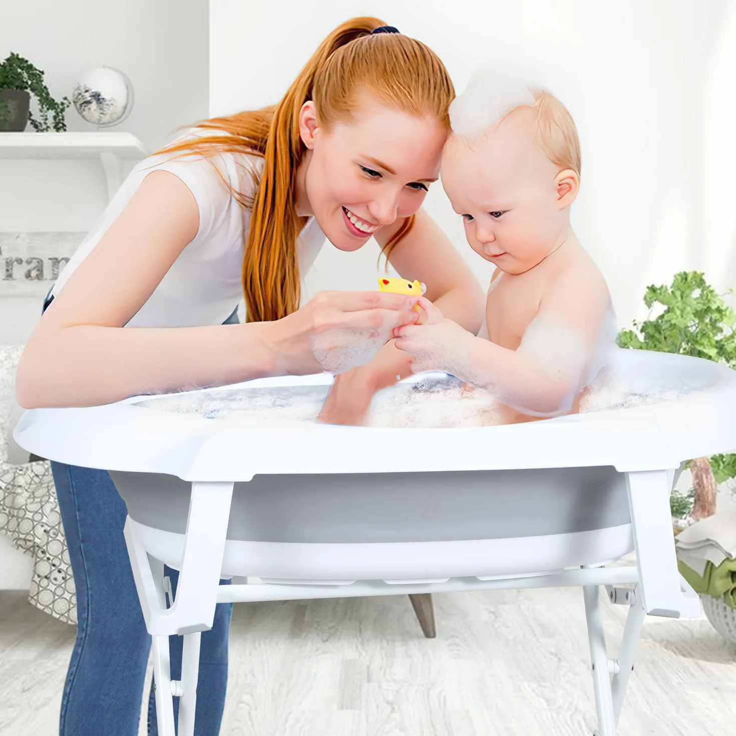 Baignoire pliable pour nouveau-nés et tout-petits avec support antidérapant et tapis de bain, gris