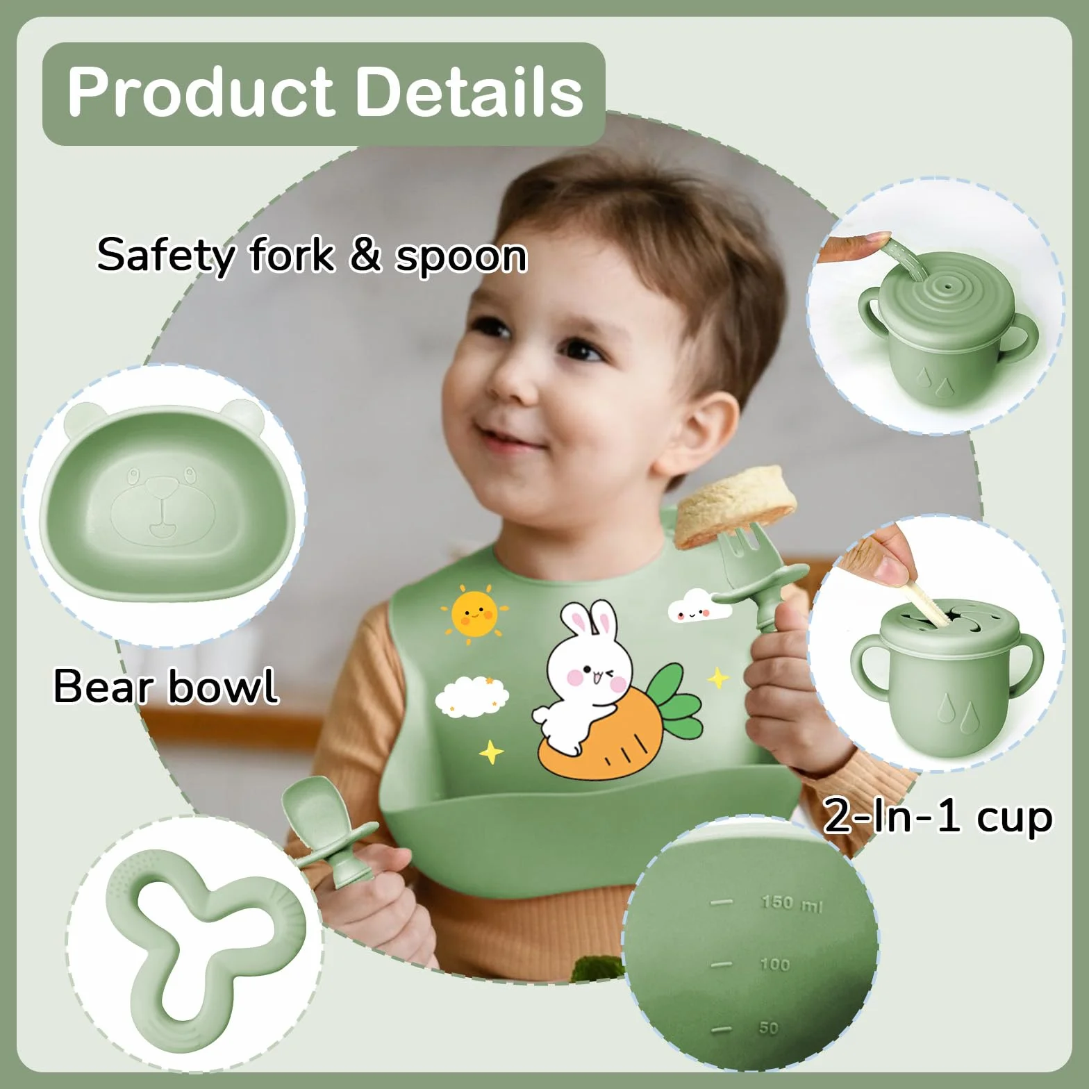 Coffret Repas Bébé 11 pièces Silicone Antidérapant avec Ventouse Assiette Bol Fourche Cuillère Bavoir Tasse Sans BPA Vert foncé