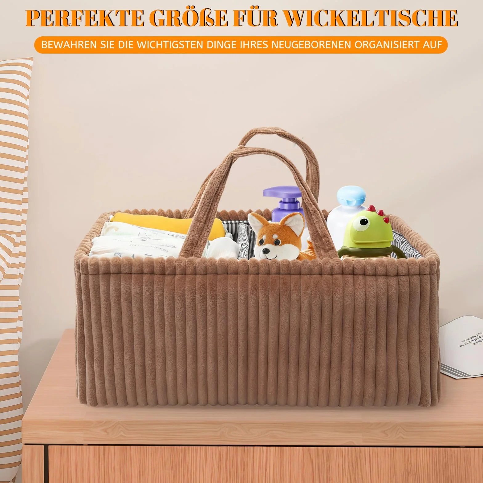 Organiseur de table à langer bébé panier velours côtelé marron foncé