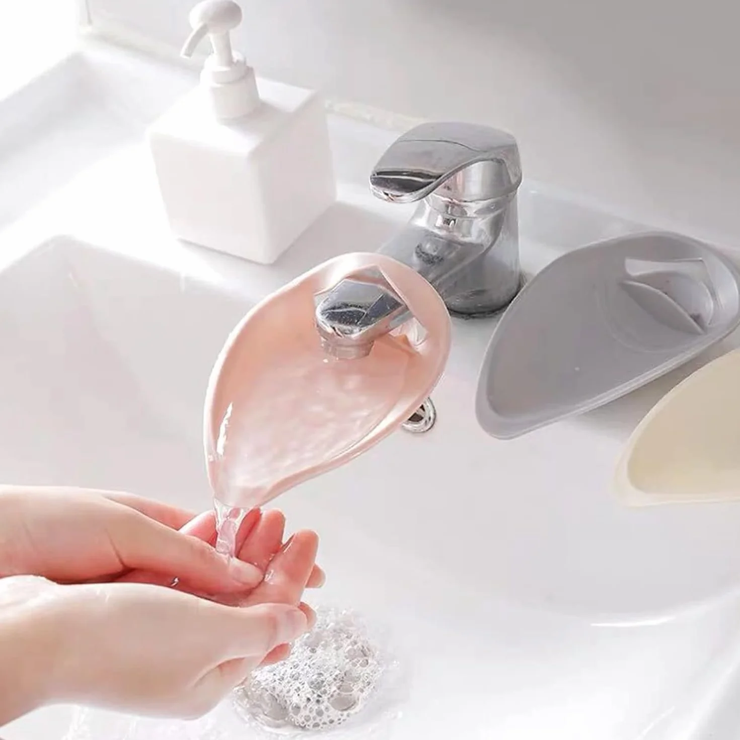 Prolongateur Robinet Silicone pour Enfants Cuisine Salle de Bain Lavage Main Rose Gris 2 Pièces