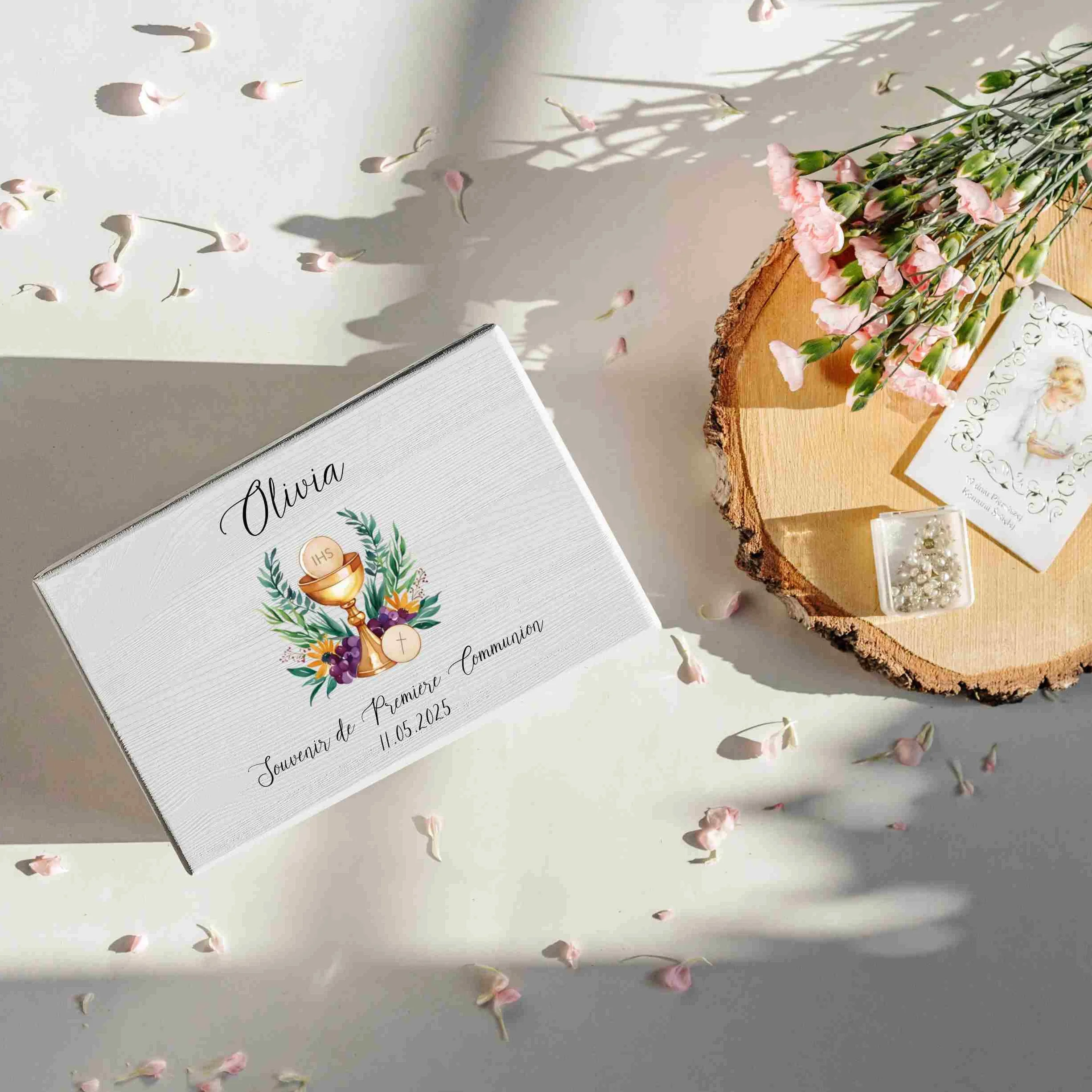 Boîte à Souvenirs en Bois Personnalisée Première Communion Cadeau Calice Coffret Décorations