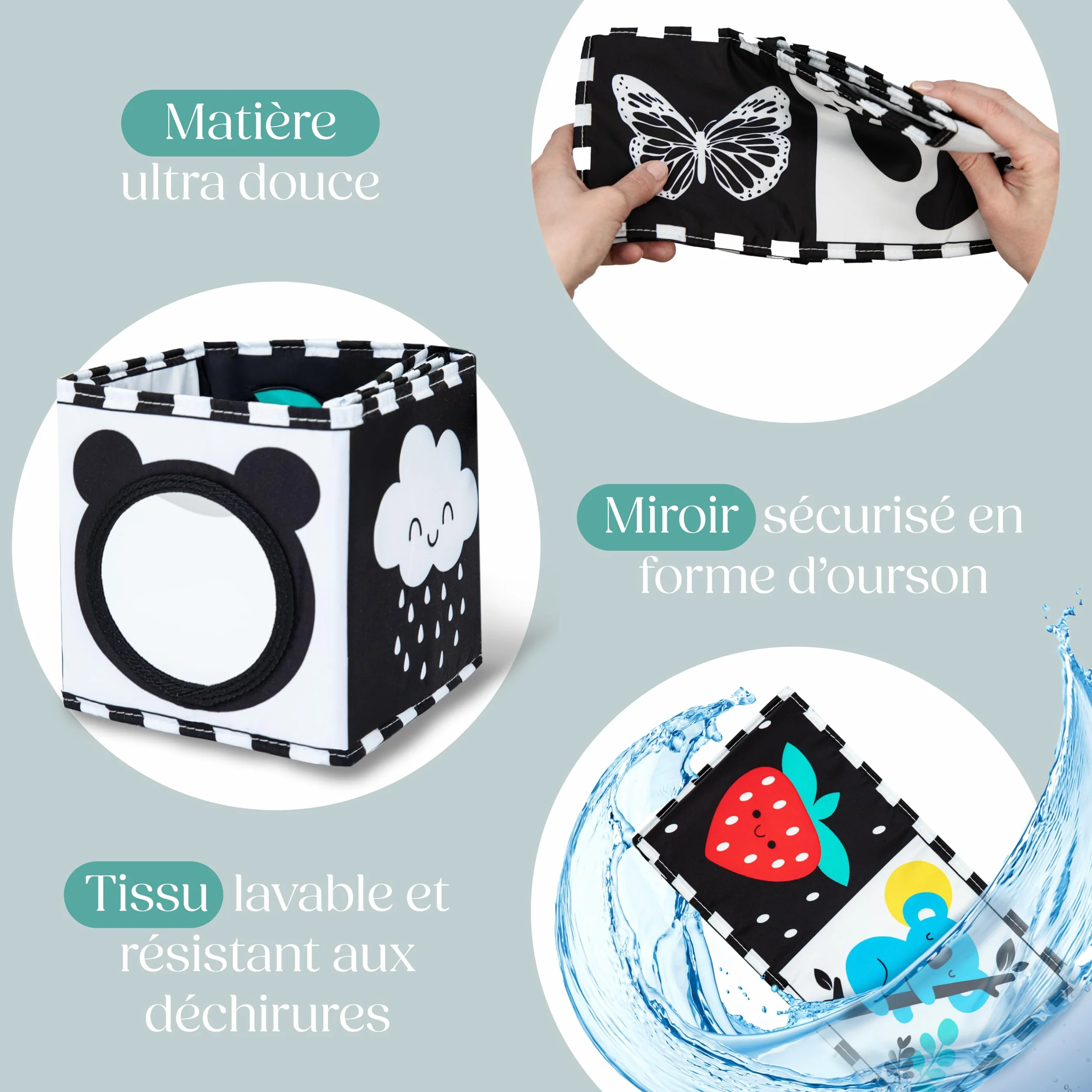 Livre Tissu Bébé Éveil 0-12 Mois Montessori Noir et Blanc Sensoriel Cadeau