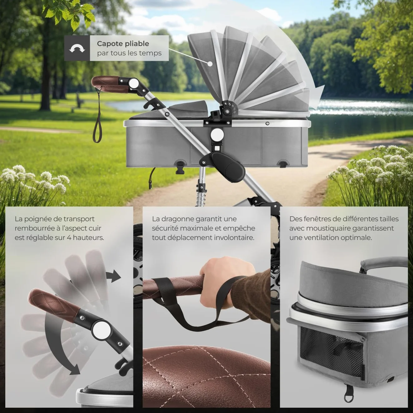 Tectake Poussette combinée pliable 0-36 mois nacelle siège sport harnais 5 points compacte voyage