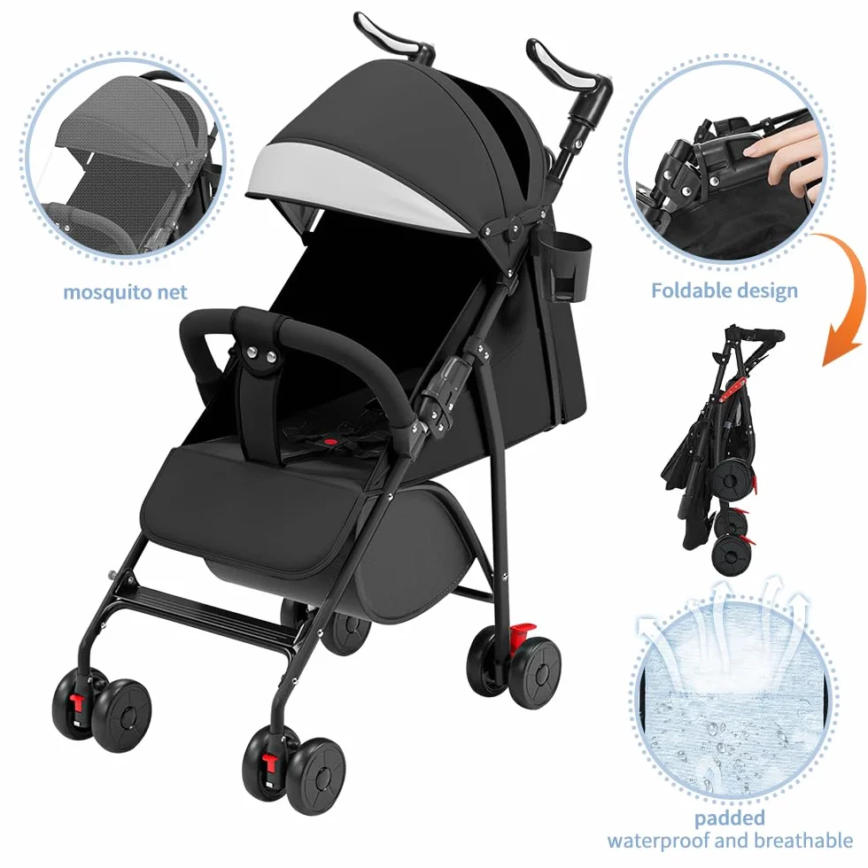Poussette Canne Compacte 0-4 Ans Légère Pliable Une Main Dossier Inclinable Harnais 5 Points Auvent Moustiquaire 15 kg