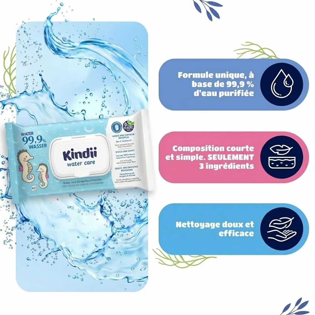 Kindii Water Care Lingettes Humides Bébé 60 unités 100% Viscose 99,9% Eau 150 × 200 mm non parfumées Peaux Sensibles