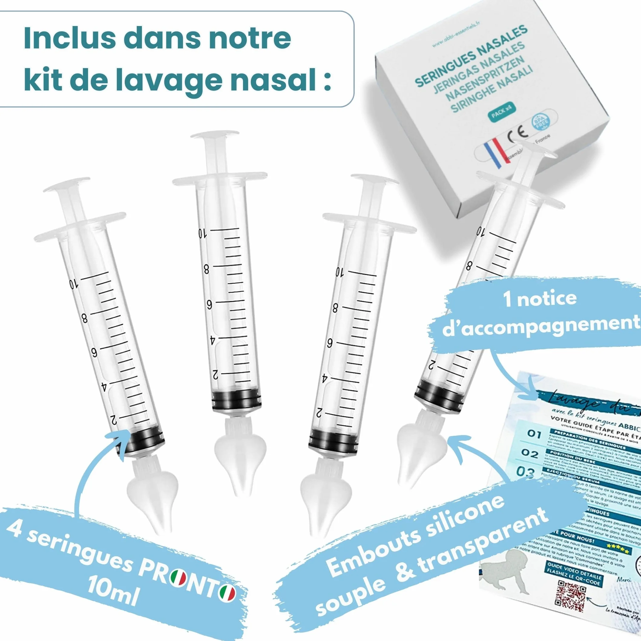 ABBICARE Seringue nasale bebe 10ml sans BPA Kit 4 seringues embouts silicone soin nasal