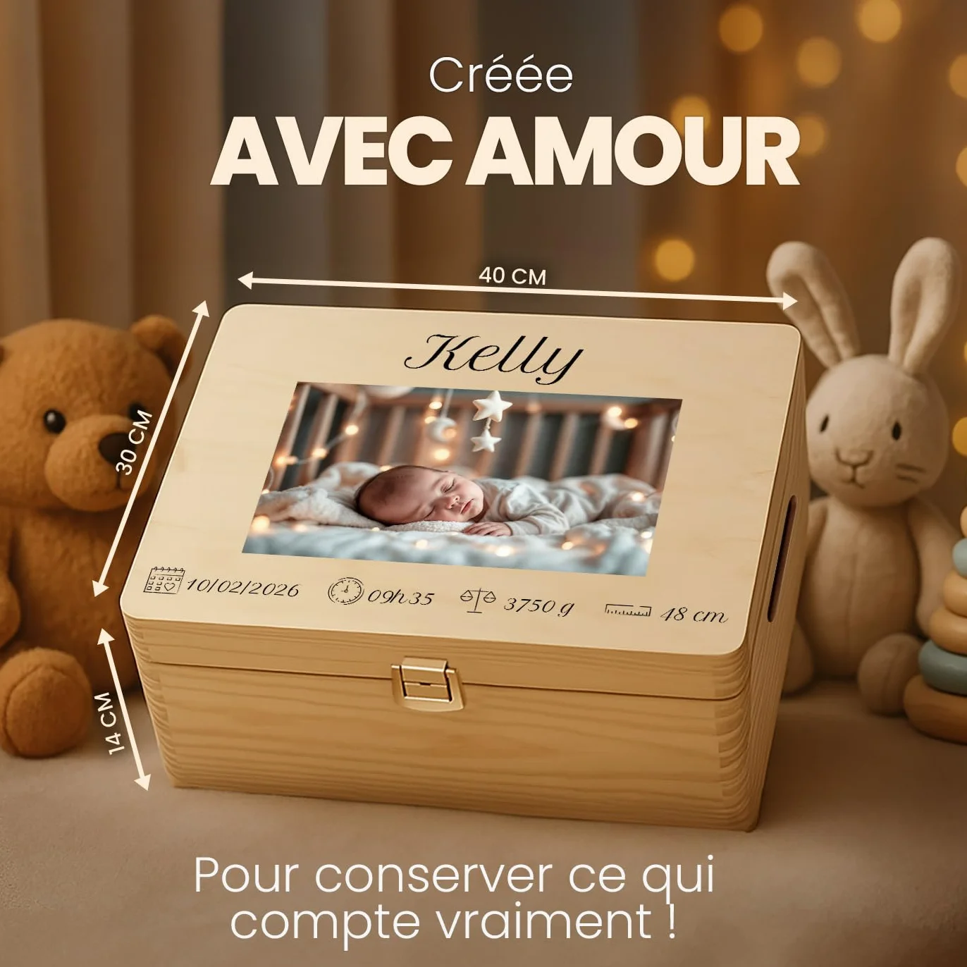 Maverton Boite de Rangement Personnalisable en Bois de Pin Naturel pour Bebe - Cadeau Naissance L/XL
