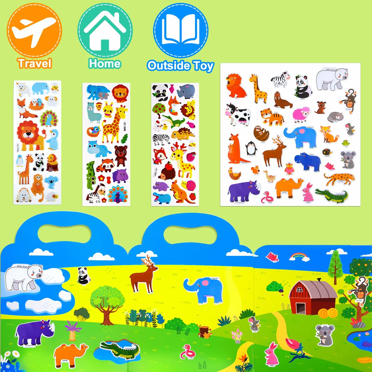 NEBURORA Livre d'autocollants gonflés réutilisables pour enfants, 88 autocollants animaux, jouets éducatifs de voyage