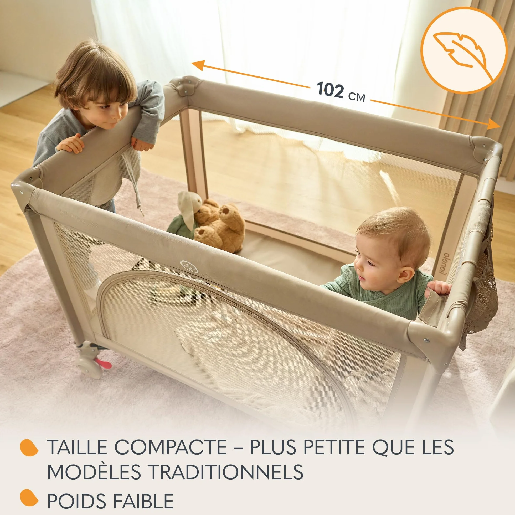LIONELO LAURA 2en1 Lit de Voyage 15 kg Parc bébé 0-36 mois Matelas Mousse T25 2 Niveaux Hauteur Sac de Voyage Roues Frein Beige