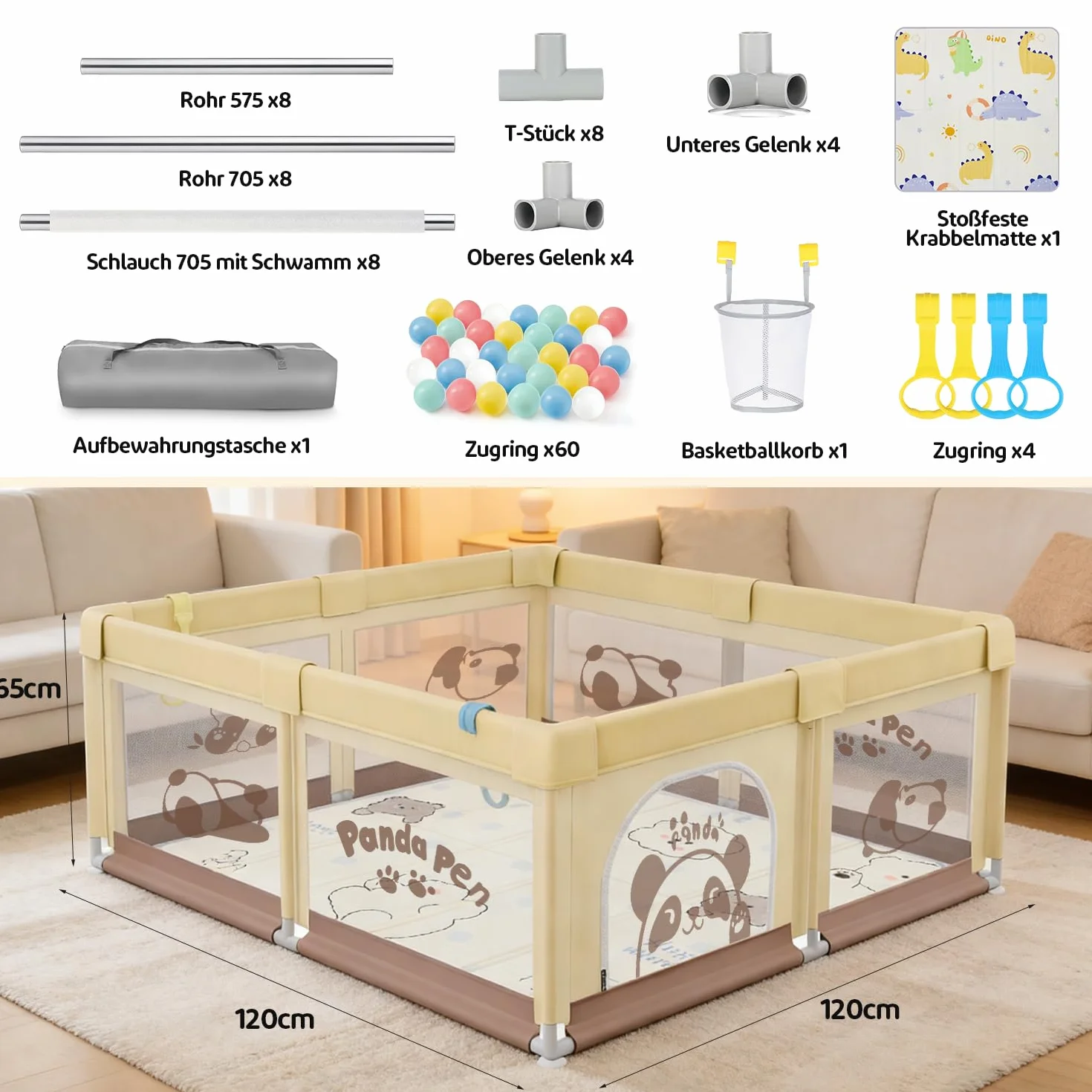 Parc Bébé 120x120 avec Tapis, 40 KG, 300D Tissu Oxford, Ventouse Base, 360° Filet Respirant, Centre d'Activités Enfants, Panda beige