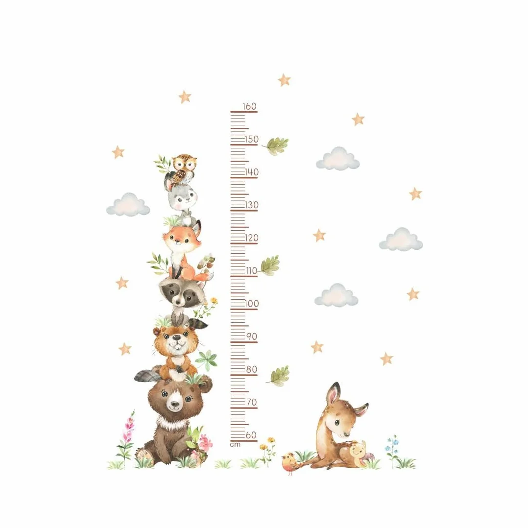 Toise Murale Enfant 60-160 cm Animaux de la Forêt Autocollant Mural