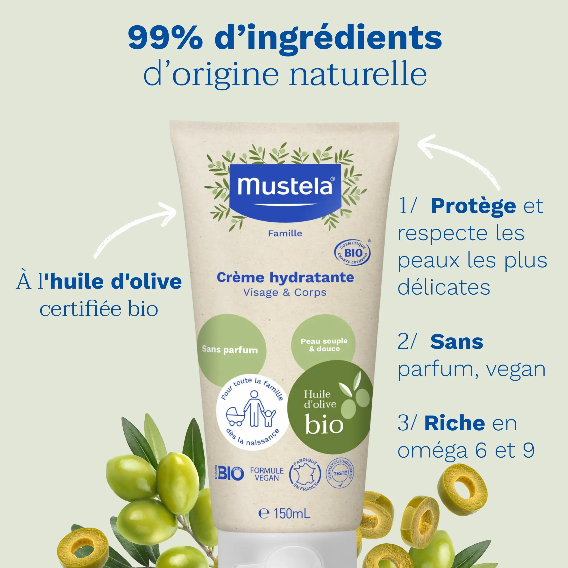 Mustela Crème Hydratante Bébé à l'Huile d'Olive Bio Visage et Corps 300 ml