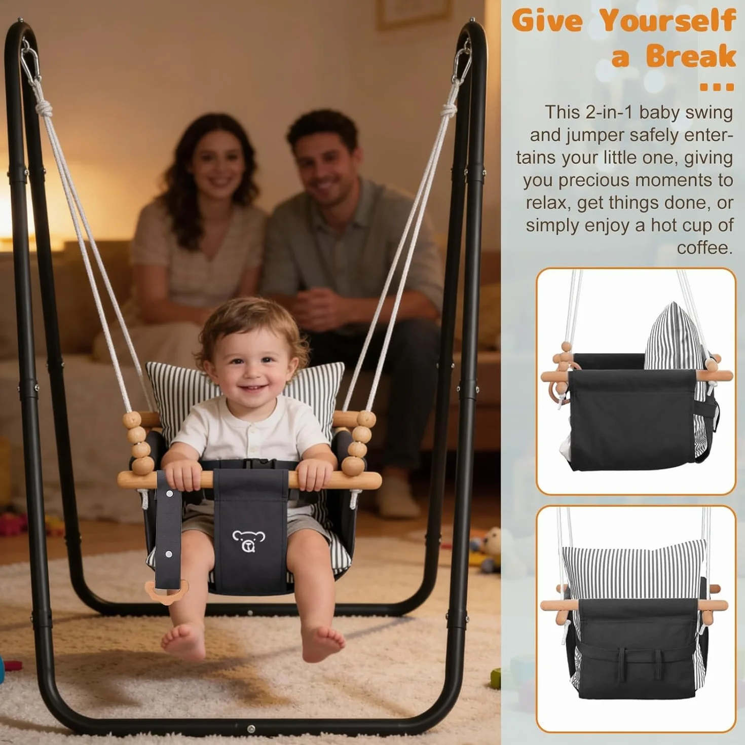Balançoire 2 en 1 pour bébé avec ceinture de sécurité 5 points, intérieur et extérieur