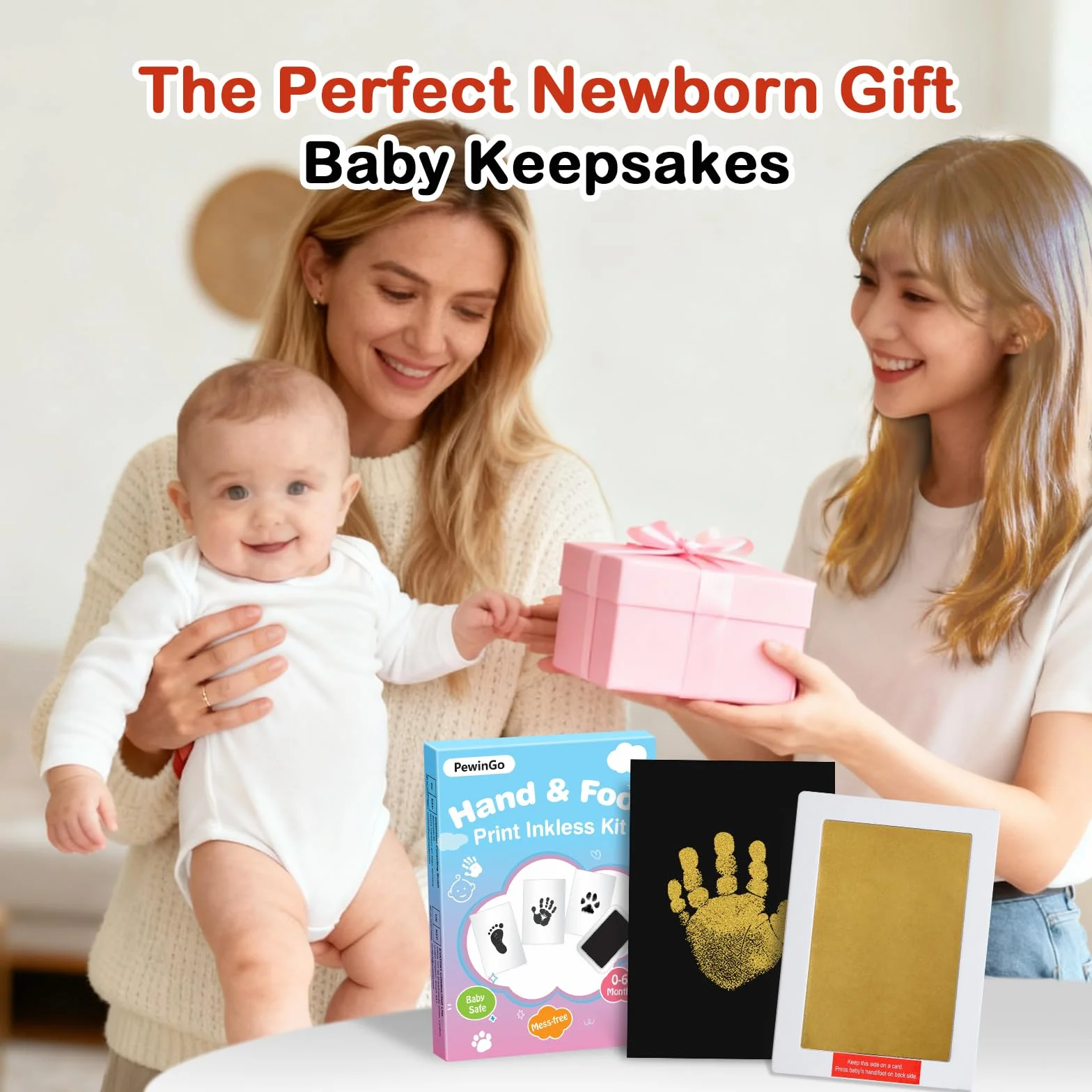 Kit Empreintes de Main et de Pied Bébé Taille XL 2 Tampons sans Encre 4 Cartes Cadeaux Souvenir Nouveau-né Doré