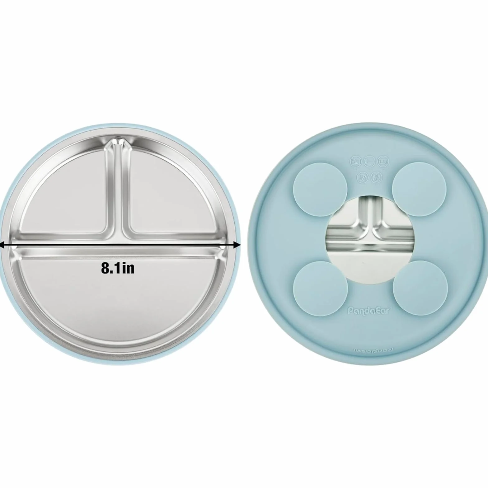 PandaEar Assiettes et Bols à Ventouse en Acier Inoxydable pour Bébé, Lot de 8 avec Cuillère et Fourchette en Silicone, DME (Rose & Bleu)