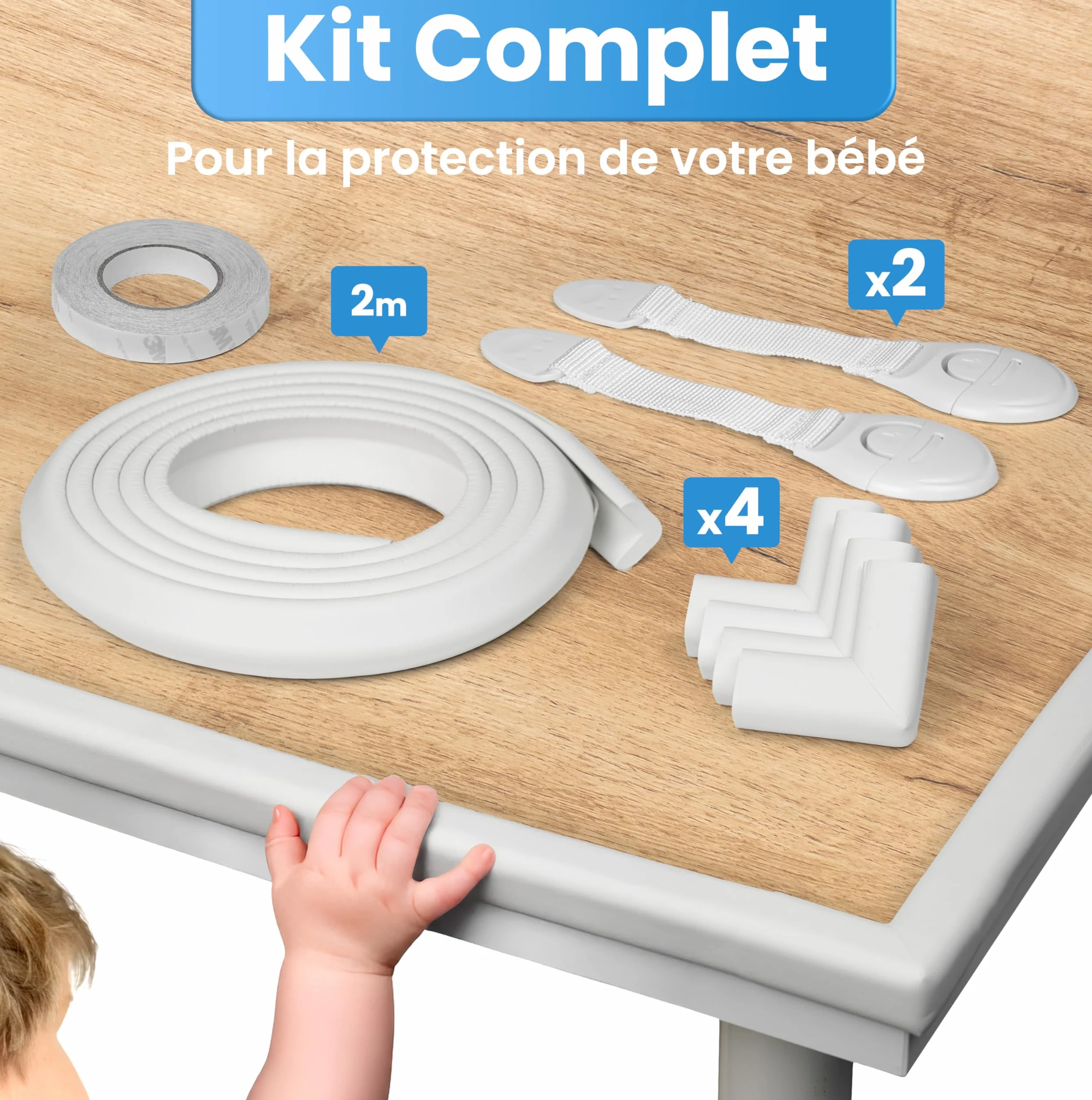 Happy Chlea Coin de Table Protection Bébé 2,4 m Couverture Totale Anti-Choc pour Tables et Meubles + 2 Bloque-Tiroirs Sécurité Enfant