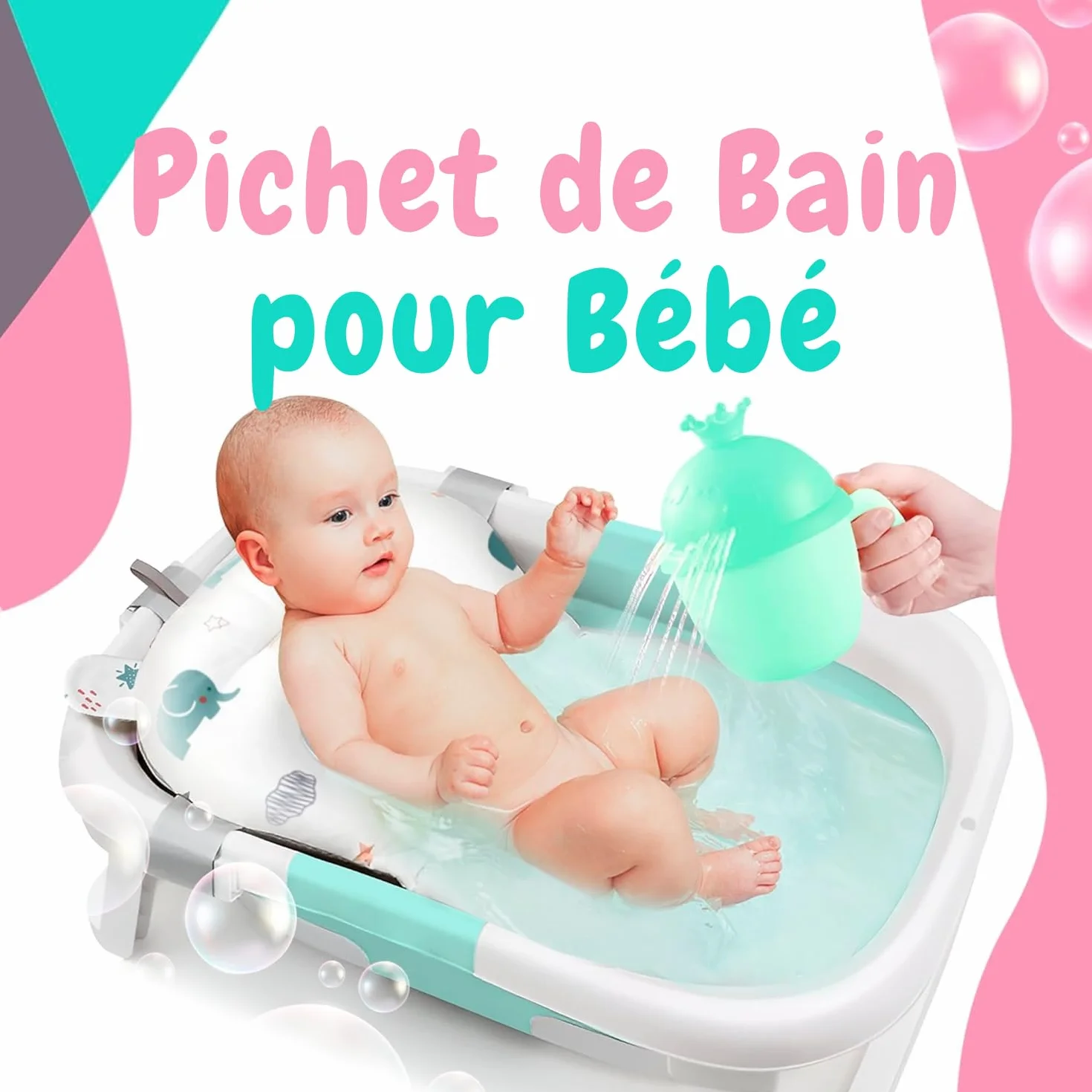 Coussin de Bain Bébé Universel avec Pichet - Réducteur Baignoire Antidérapant Matelas Doux (Blanc)