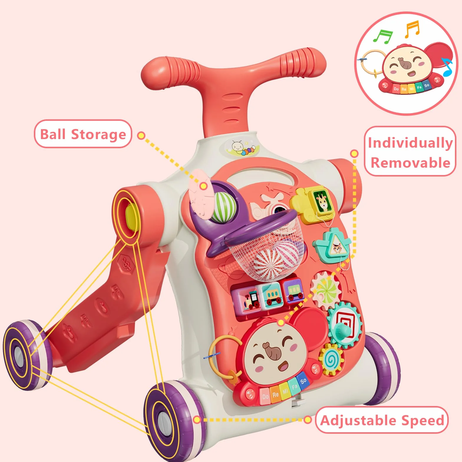 Trotteur Bébé Fille 5 en 1, Chariot de Marche Centre d'Activité, Jouet Push pour Tout-petit 12 Mois