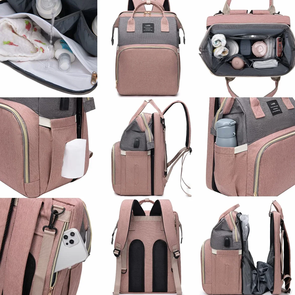 Sac à Langer Bébé Grand Sac à Dos avec Matelas, Moustiquaire et Port USB