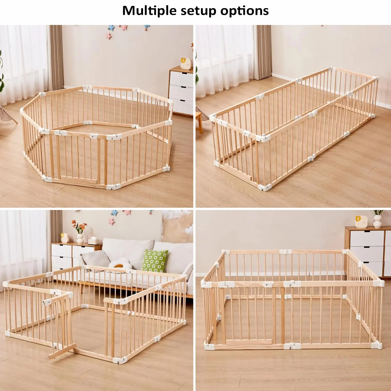 Parc bébé pliable en bois naturel 152x76 cm avec porte sécurisée et ventouses antidérapantes