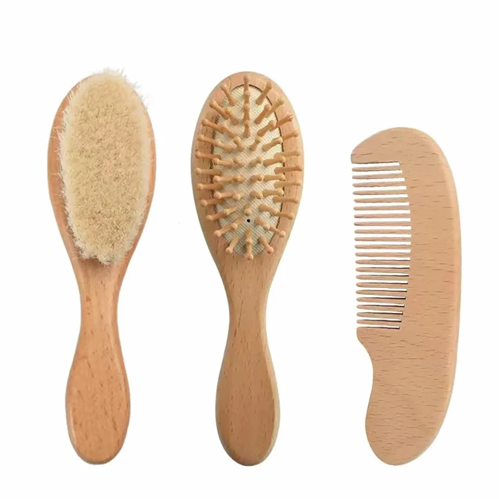 Pandaear Brosse à Cheveux et Peigne pour Nouveau-né Set en Bois Naturel Poils Doux de Chèvre