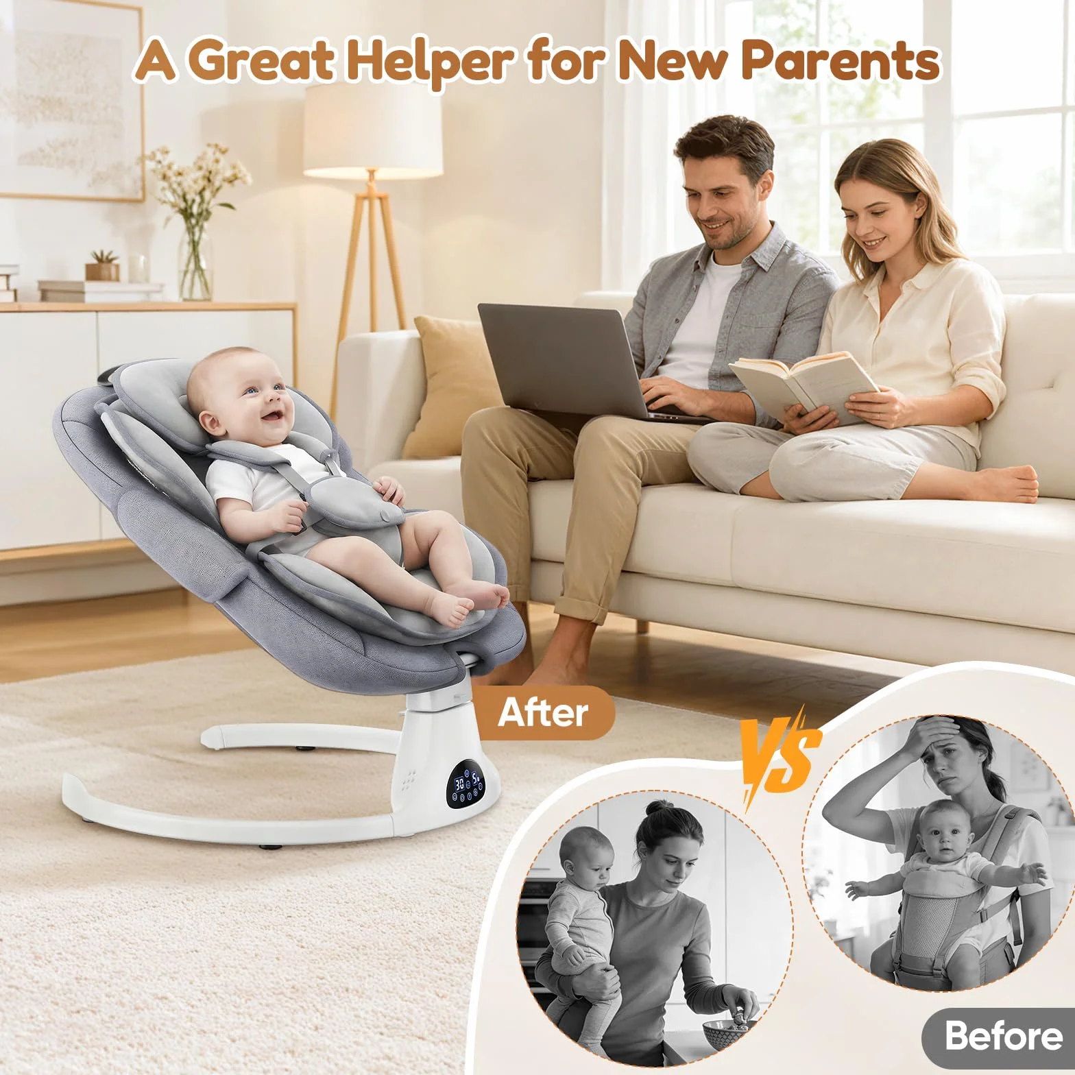 Balancelle Bébé Électrique avec Harnais 5 Points, 5 Modes Balancement, Minuterie 3 Niveaux, Télécommande, Musique, Gris