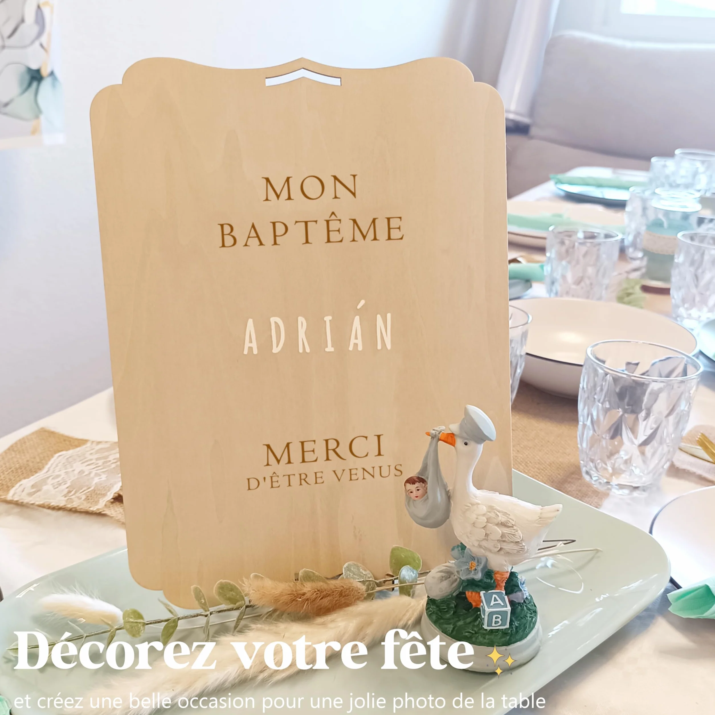 Panneau Personnalisé en Bois 30x22 cm Baptême Décoration avec Lettres Autocollantes et Support