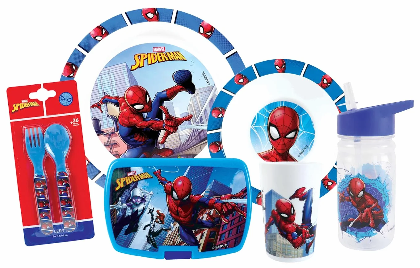 FUN HOUSE Set Complet Boîte Repas Spiderman Enfant 1 Verre 2 Assiettes Couverts Gourde Boîte Goûter Officiel Réutilisable Micro-ondable