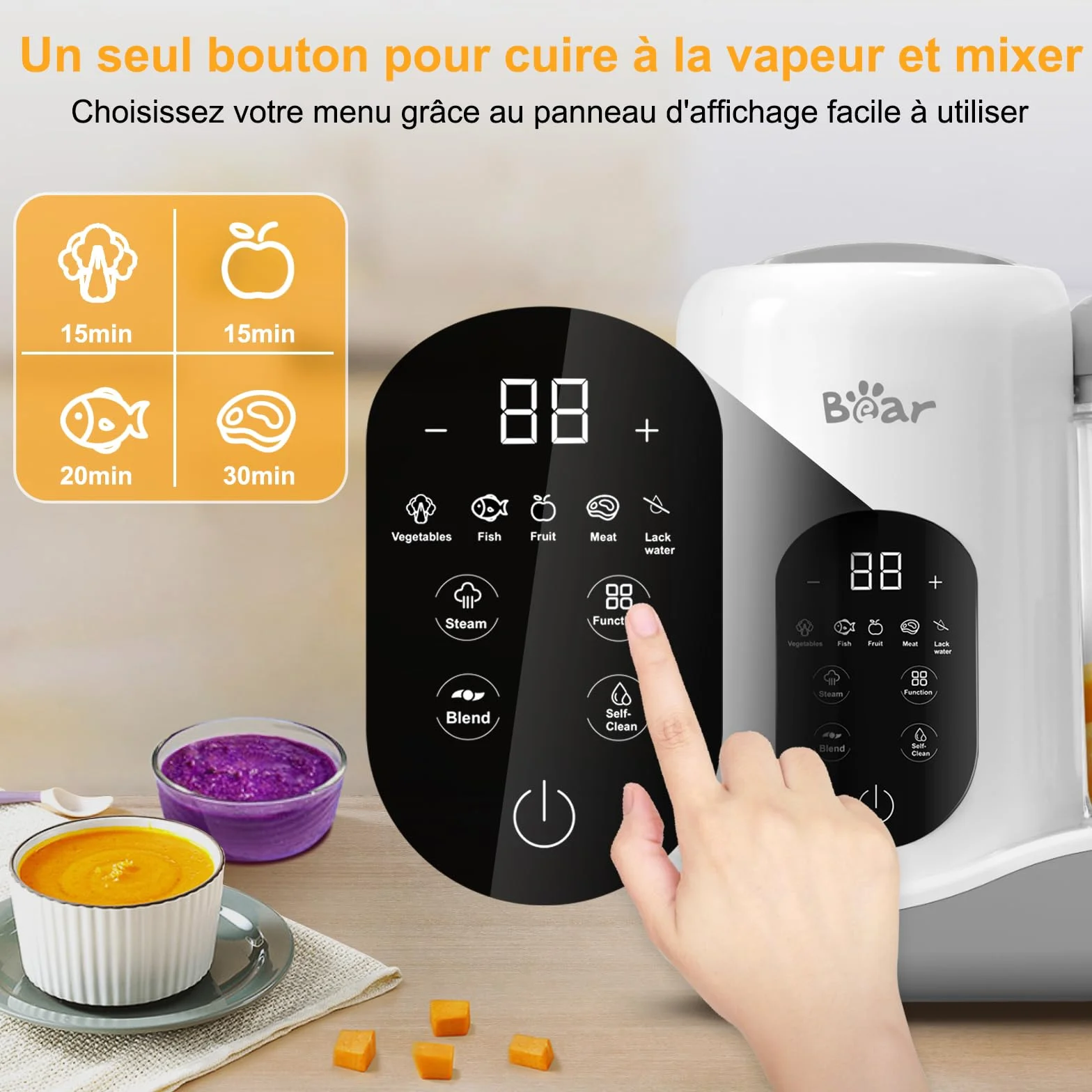 Bear Robot Cuiseur Mixeur pour Bébés 7-en-1, Cuisson automatique & Hachage, Autonettoyant, Blanc