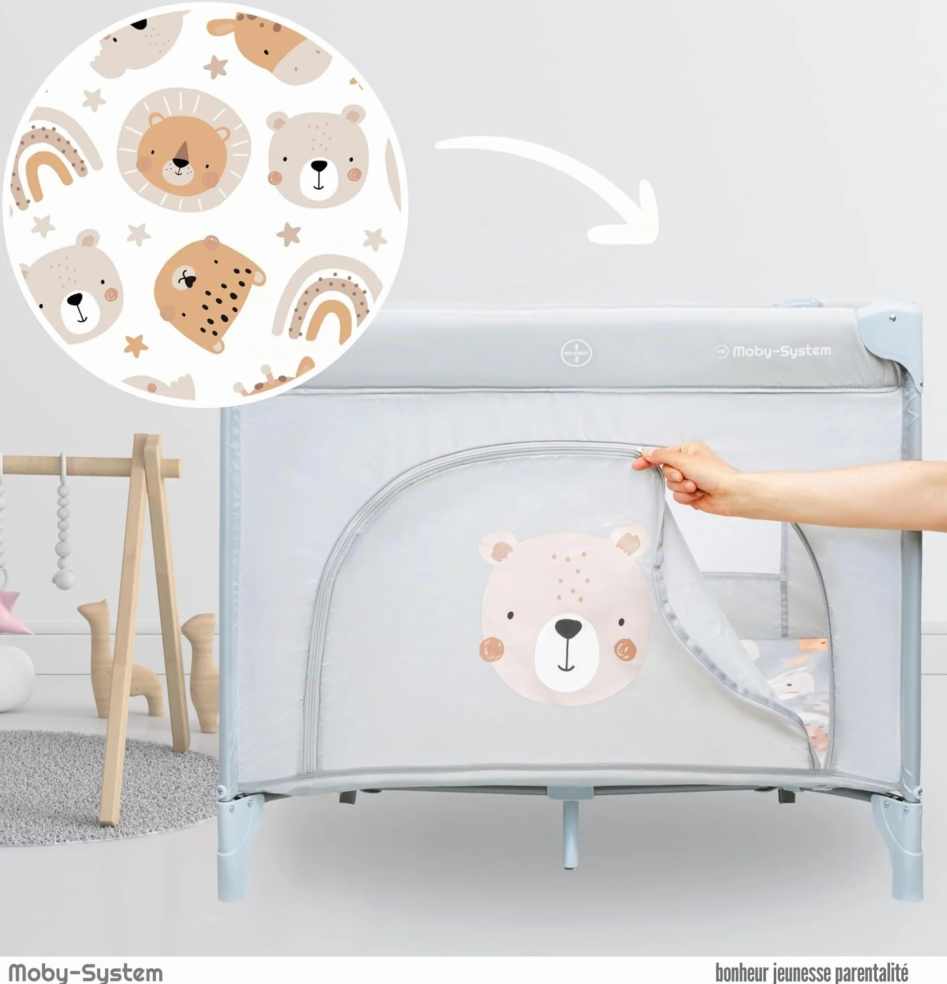 Moby-System Parc Bébé avec Matelas et Sac de Transport - Lit Parapluie Pliable, 97 x 100 x 77 cm