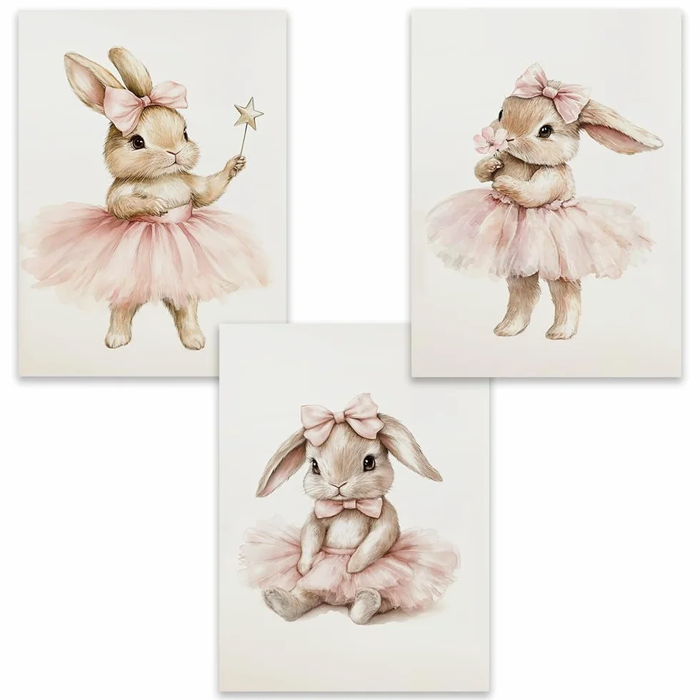 Affiche Lapin Chambre Fille 30x40cm Poster Boho Deco Chambre Enfant Rose Poudré Toile Sans Cadre
