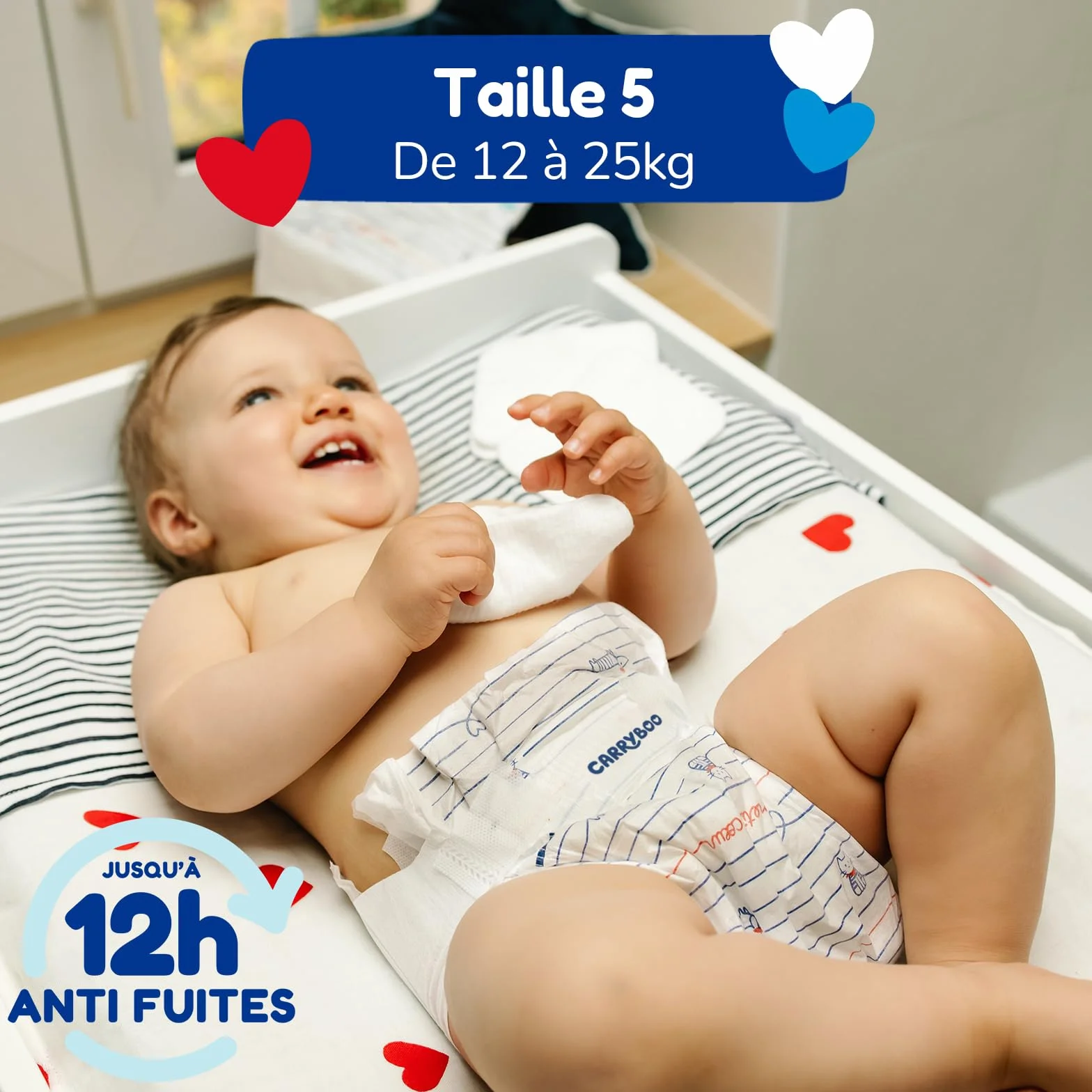 CARRYBOO Couches Taille 5 (12-25kg) 120 Couches Jetables Ultra Absorbantes 12h Anti Fuites Fabriquées en France
