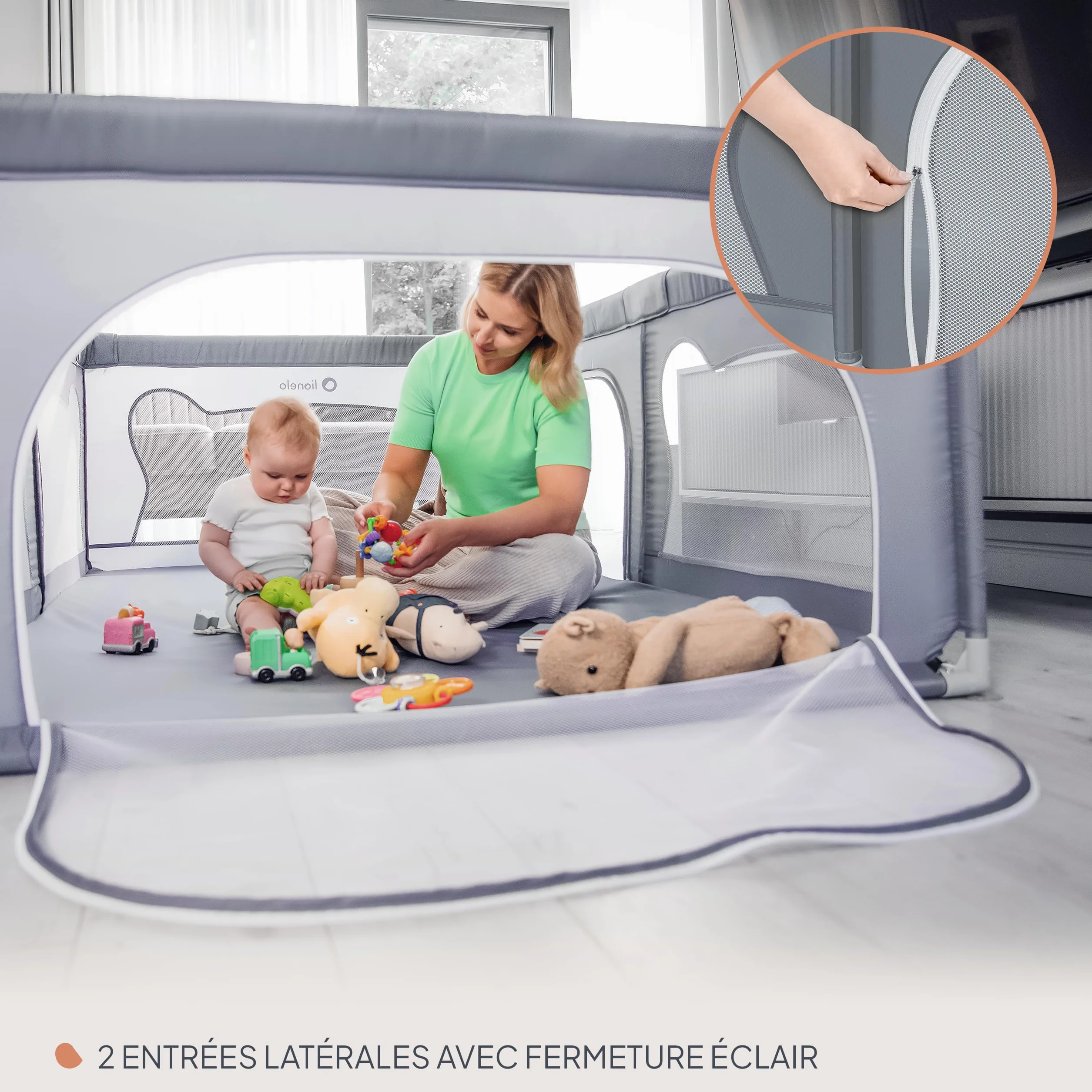 LIONELO WILLOW Parc pliant pour bébé 120x180x68 cm filet respirant 2 entrées zippées Gris