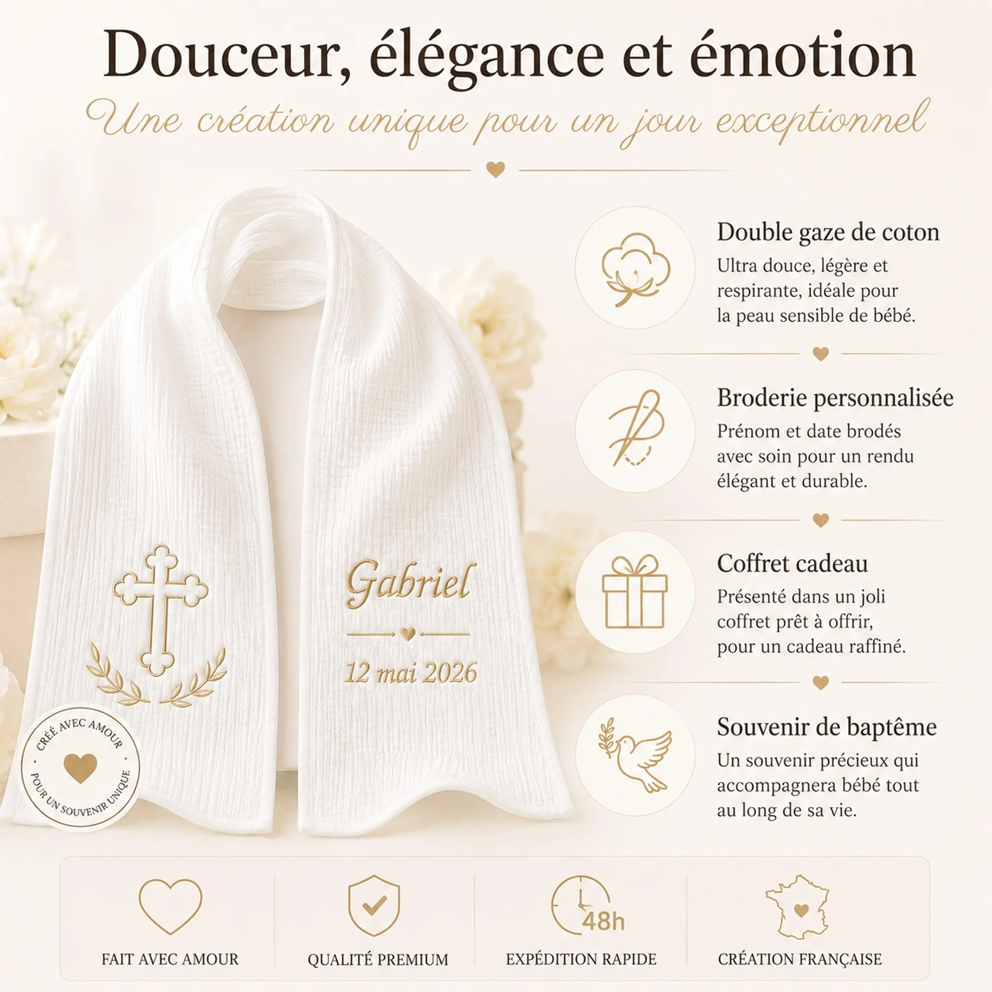 Écharpe de Baptême Personnalisée Bébé Double Gaze de Coton Brodée Prénom Date Blanche Douce Légère Cadeau Coffret