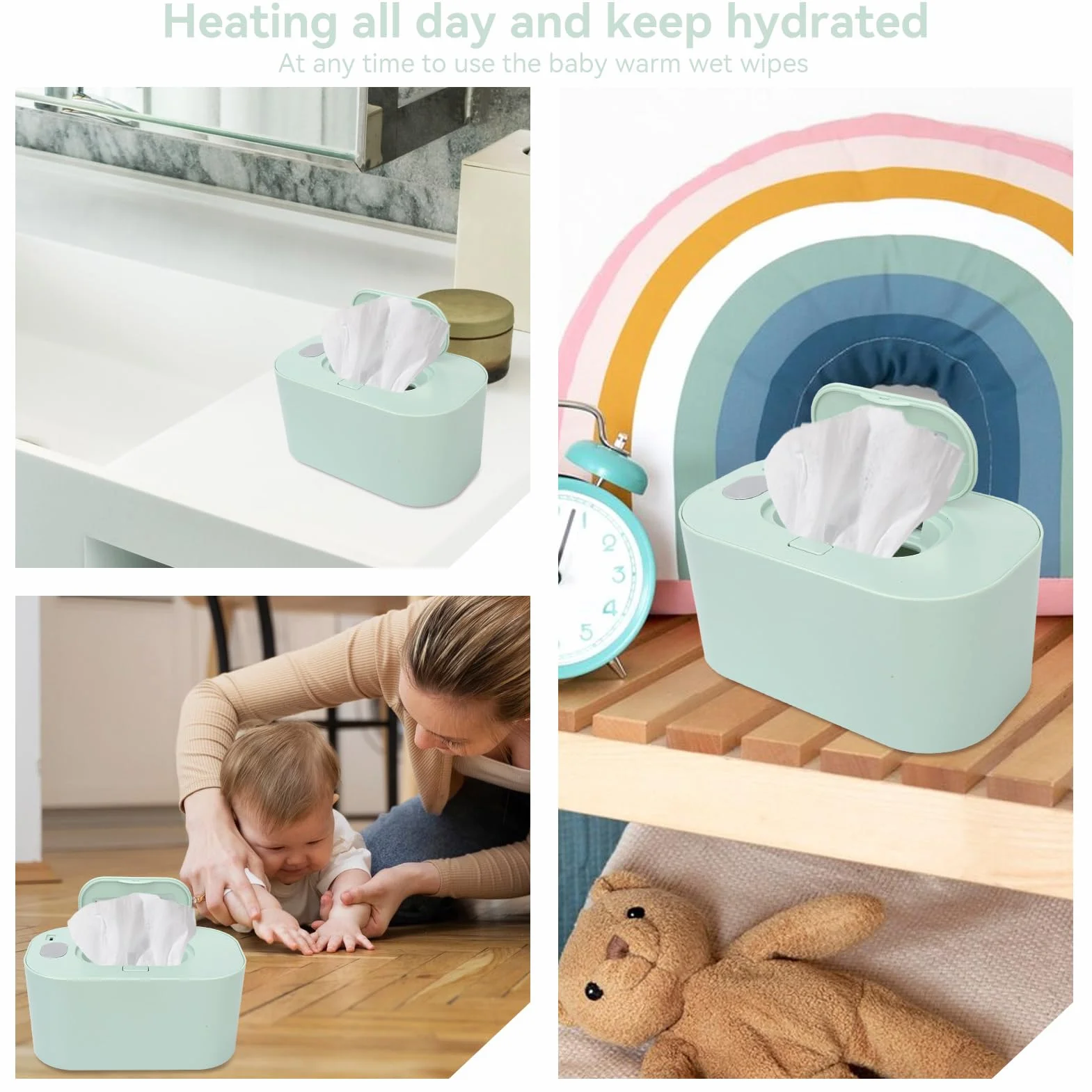 Lingettes Chauffantes Bébé, Boîte Portable Grande Capacité Thermostatique, Distributeur pour Maison, Vert