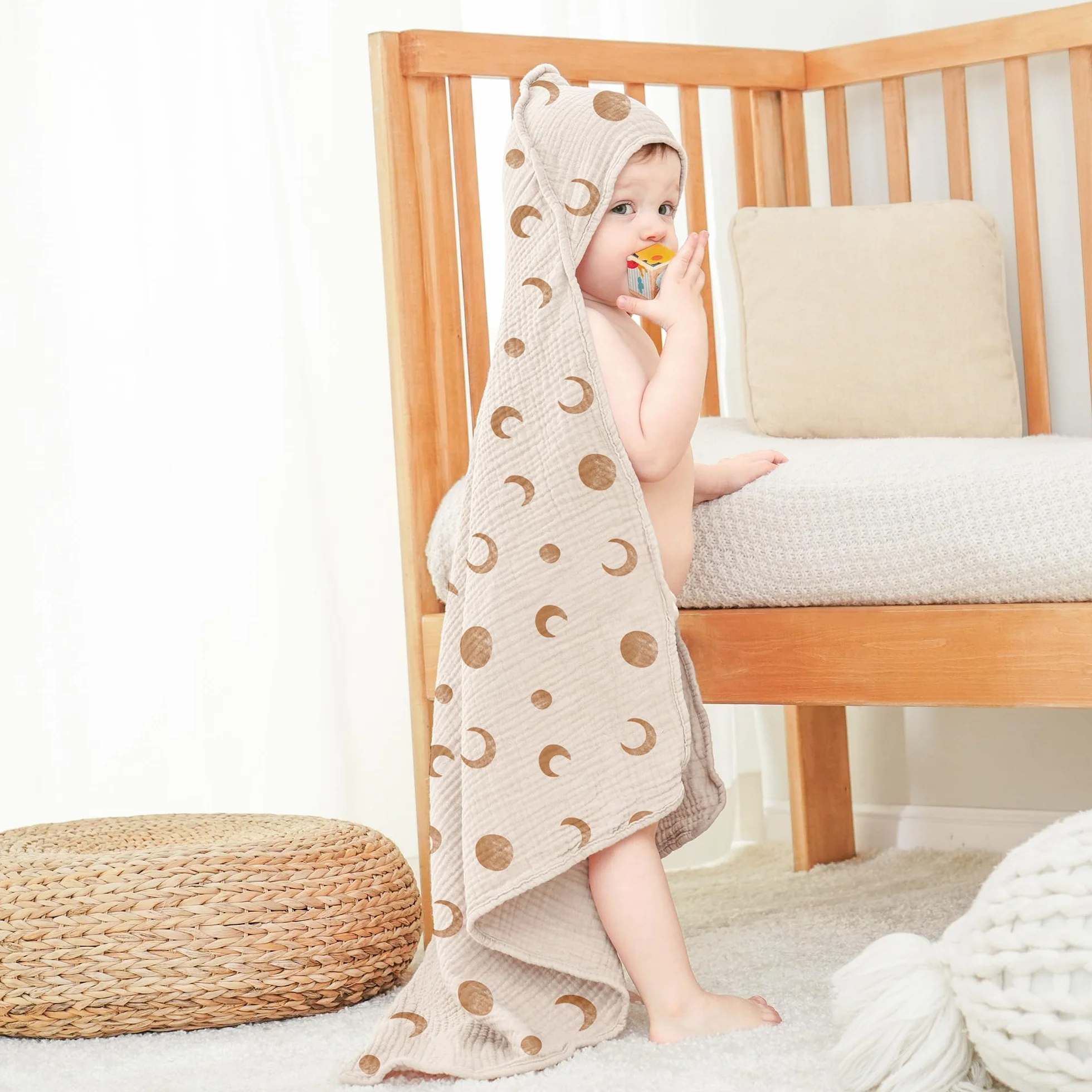 Lot de 2 Serviettes de Bain à Capuche pour Bébé en Mousseline de Coton Doux et Absorbant (Lune Brune)