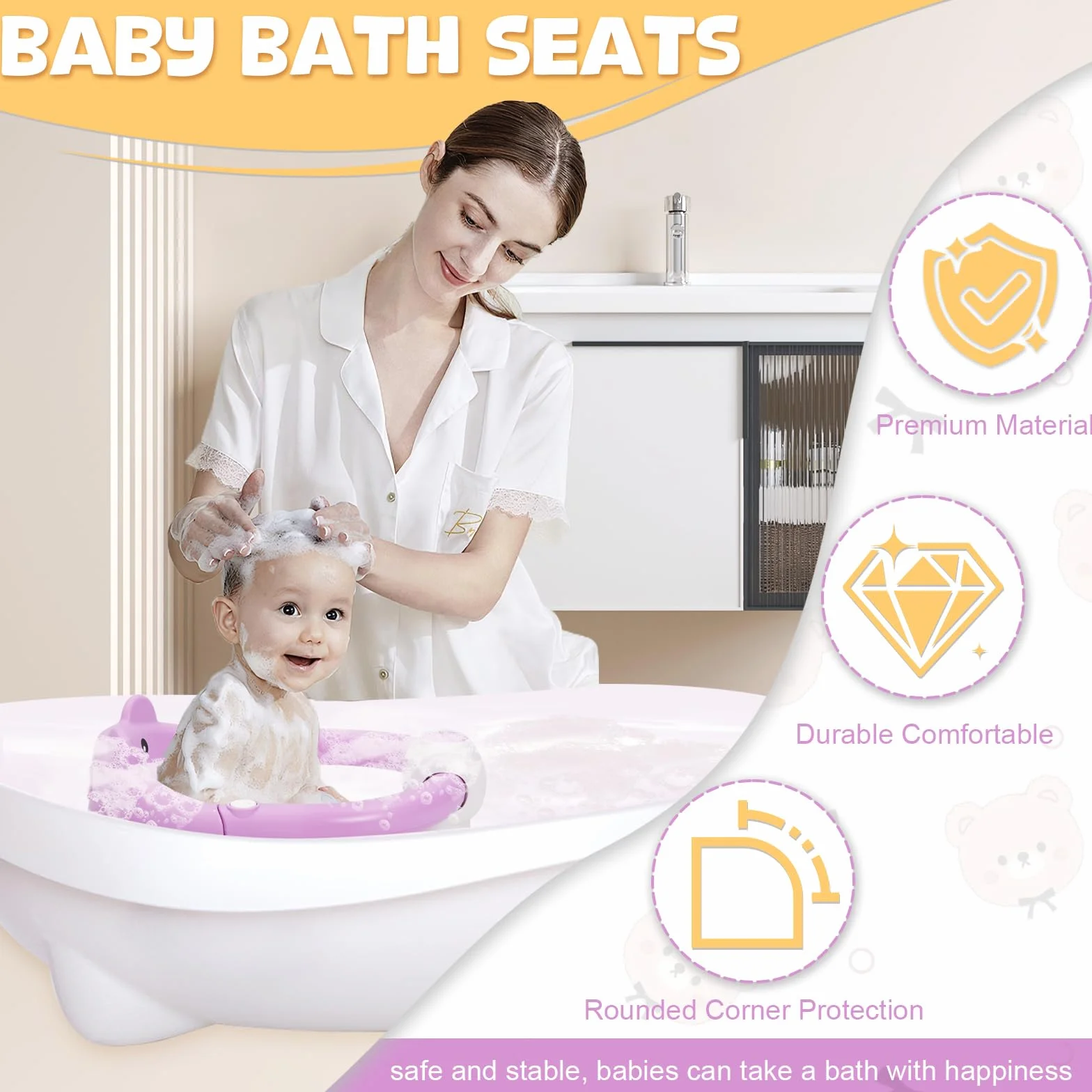 Chaise de Bain pour Bébé 6-24 Mois, Siège de Bain avec Ventouses, Antidérapant Violet