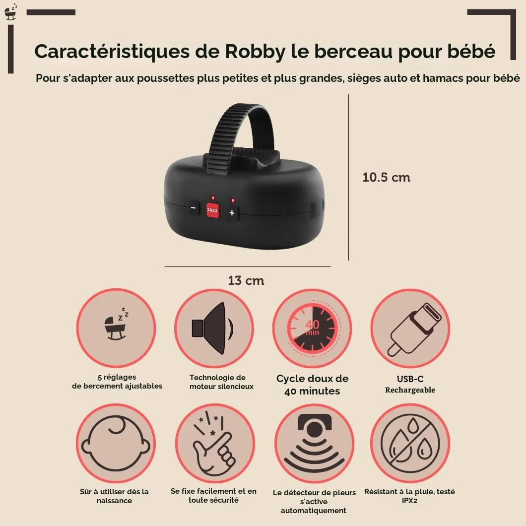 ZAZU Robby balançoire automatique bébé réglable minuterie 40 min capteur cri rechargeable USB-C étanche universel poussette buggy