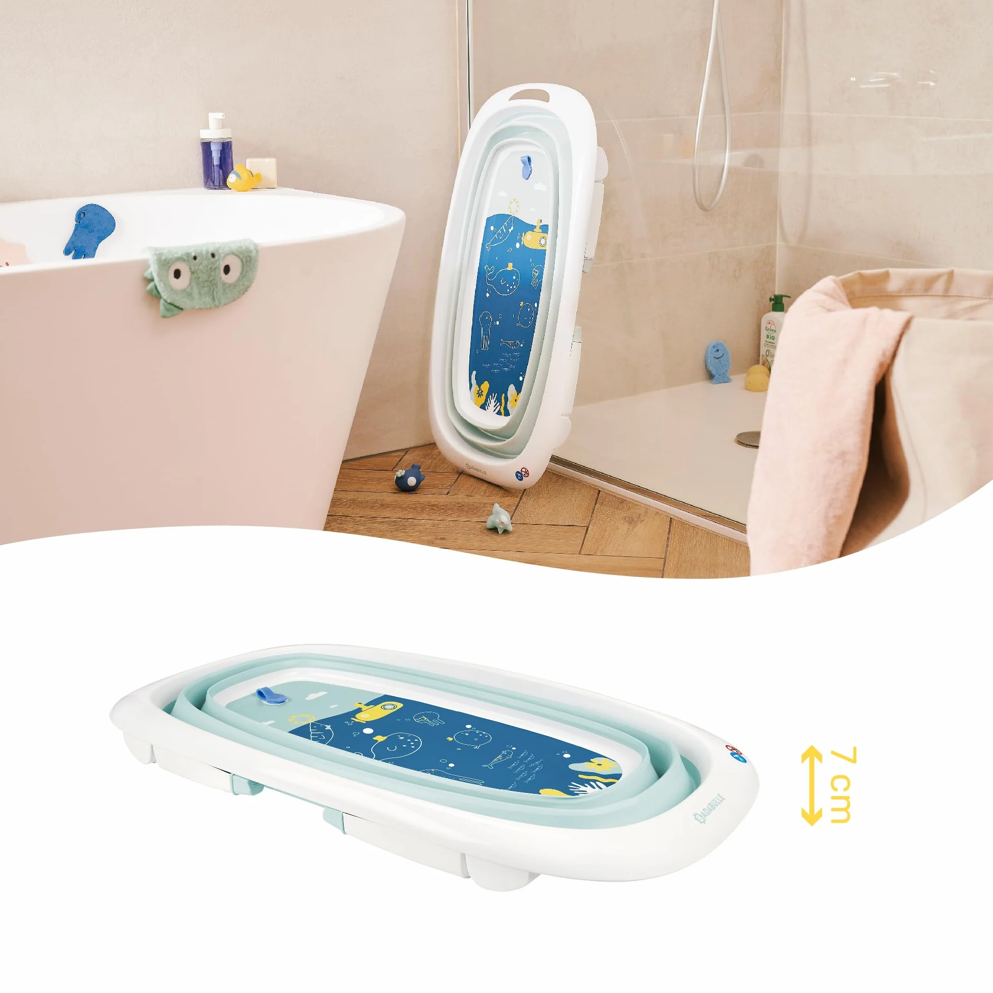 Badabulle Baignoire Bébé Pliable 35L Pieds Antidérapants Bouchon Vidange Témoin Température Poignée Transport Séchage