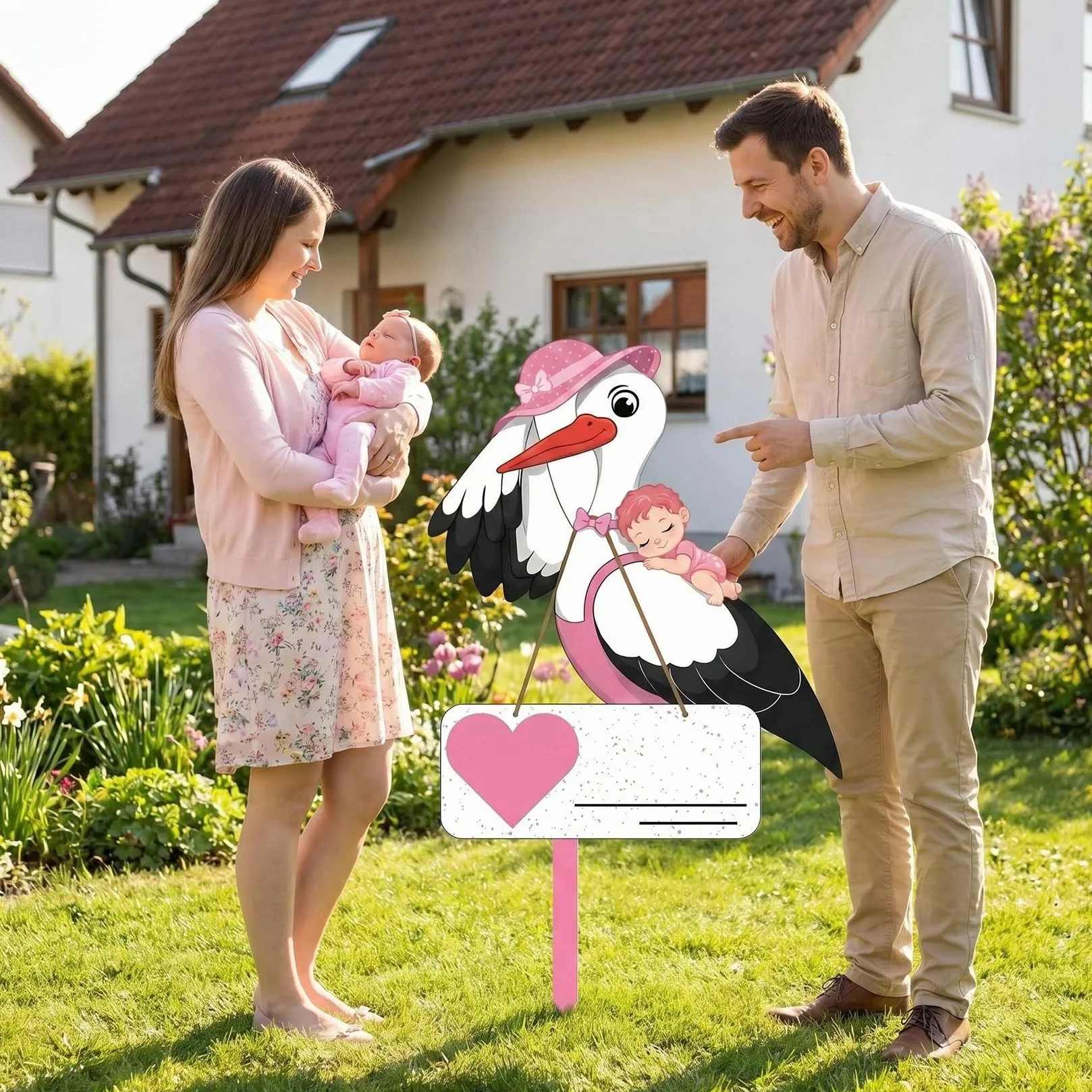 Cigogne à Clapette Naissance Bébé Imprimé Deux Faces Bâton Bois Plaque Nominative Intérieur Extérieur Cadeau (Rose)
