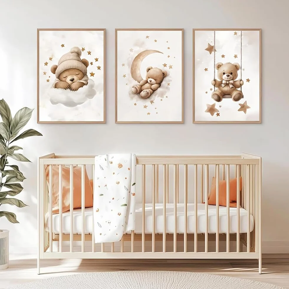 Affiche Ourson Chambre Bebe 30x40cm Poster Nounours Beige Tableau Decoration Murale Enfant Garcon Toile sans Cadre